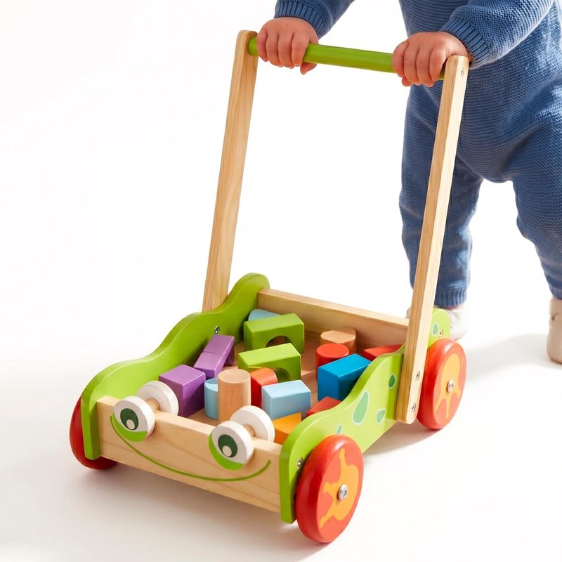 The Magic Toy Shop Wooden Baby Walker with 20 Colourful Blocks - Traditional Push Along Early Development & Activity Toy - Push Cart for Toddlers, Boys & Girls Ages 12 Months+