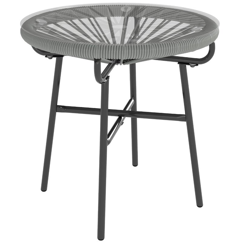 Outsunny Rattan Side Table, Round Outdoor Coffee Table, with Round PE Rattan and Tempered Glass Tabletop for Patio, Garden, Balcony, Light Grey