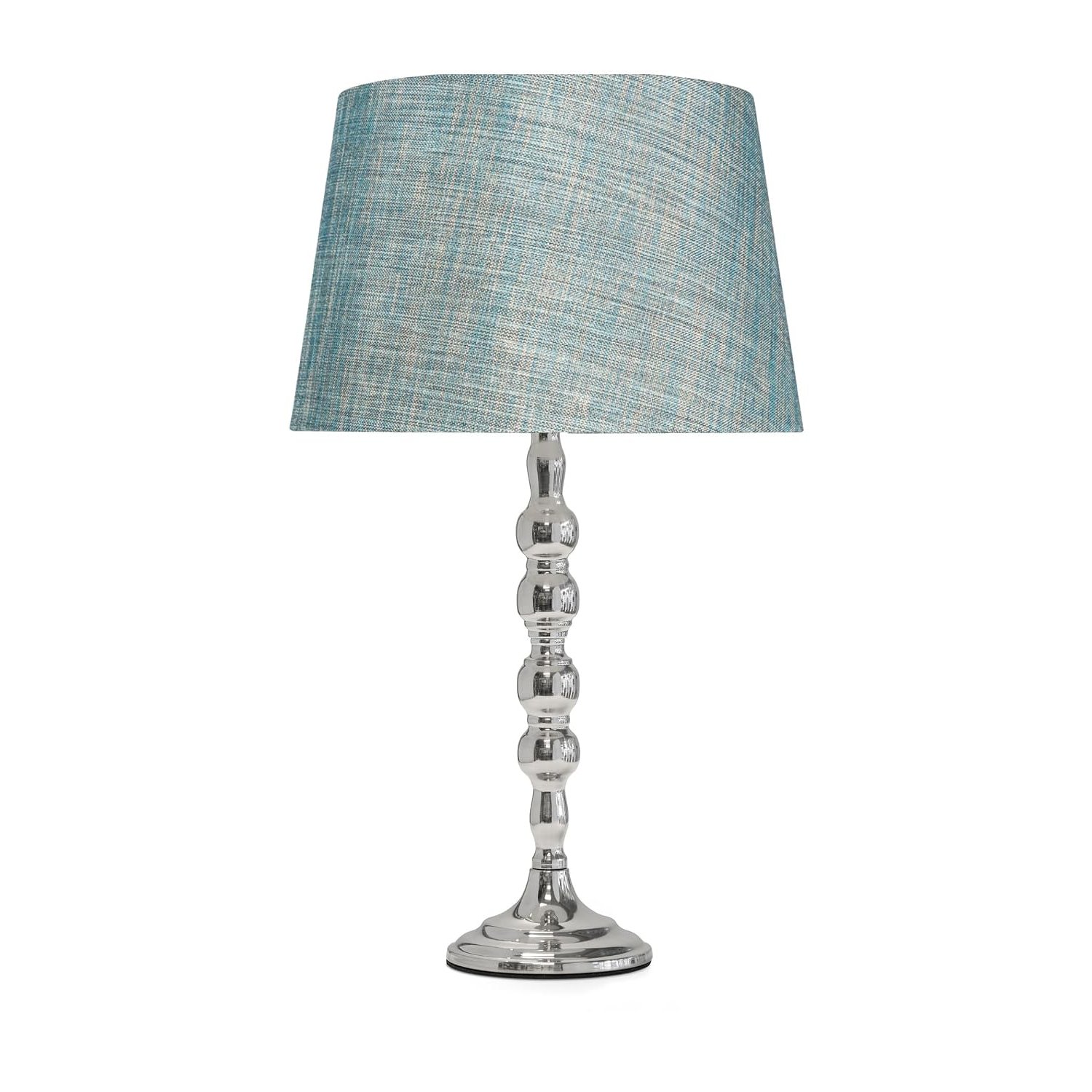 Lighting Supermarket Bergen Slimline Silver Chrome Candlestick Table Lamp, Decorative Modern Table Light with Choice of Fabric Lamp Shades, Bedroom, Living Room and Hallway (Blue Gold Linen Shade)