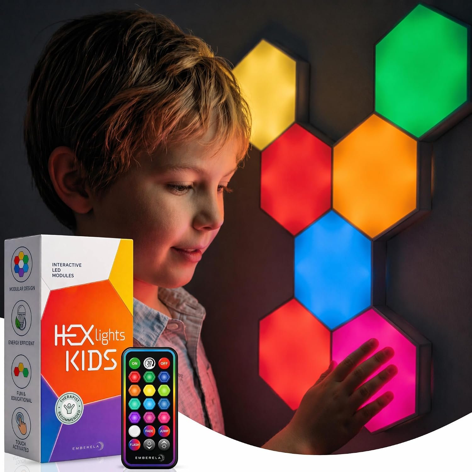 HEXlights Kidz Sensory Lights — Touch Activated 13 Colors, 7pk Hexagon LED lights, Remote Controlled—Enjoyed by Kids as a Tap Tap Wall Light or a bedside lamp for Sensory Room — Table stand included