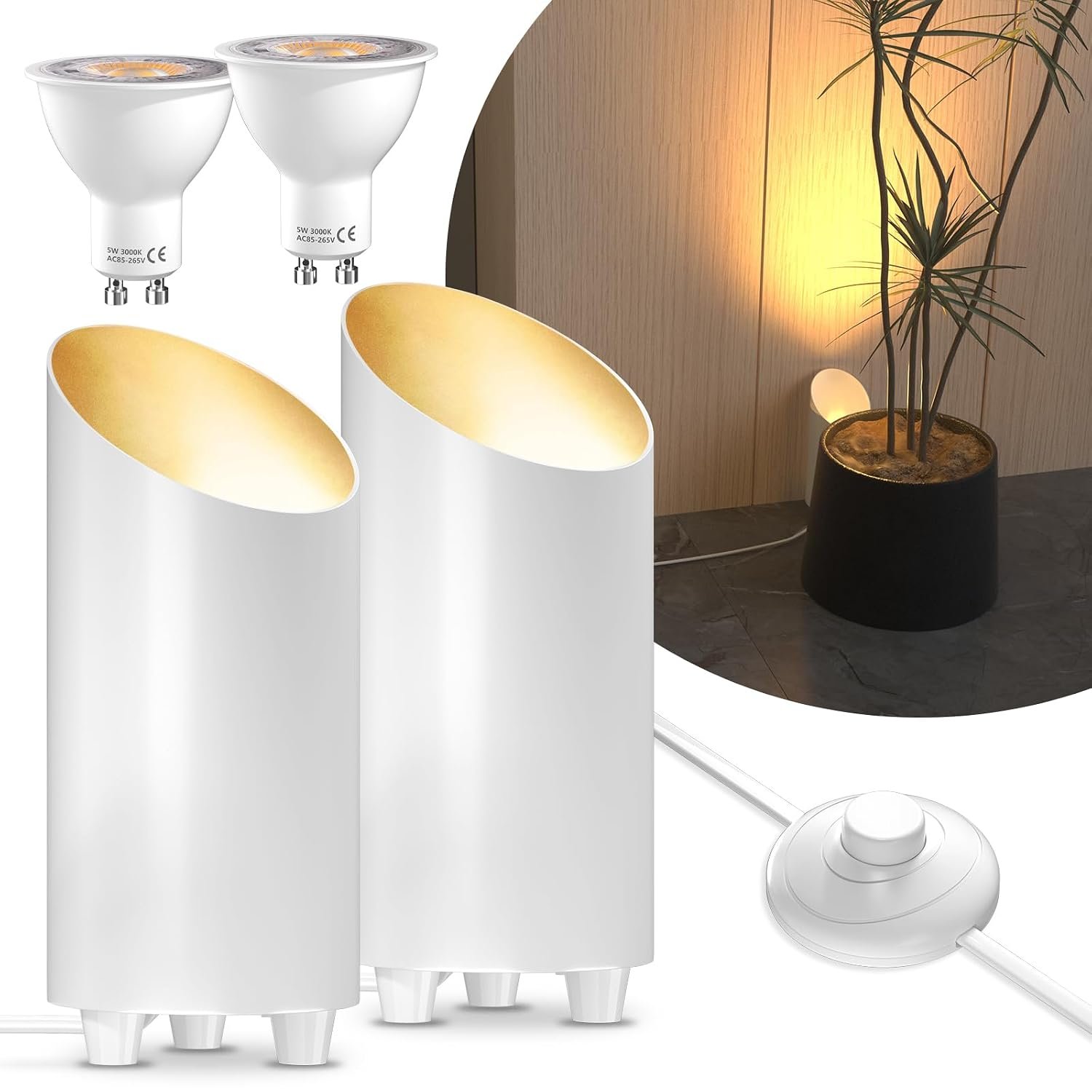 BrightArk 2 Pack Uplighting Indoor Floor Can Light, 5W Up Lights with 3000K LED GU10 Bulbs, Uplights Floor Spot Lights Indoor for Home Accent Lighting, 2 Meters Plug Cord & Foot Switch
