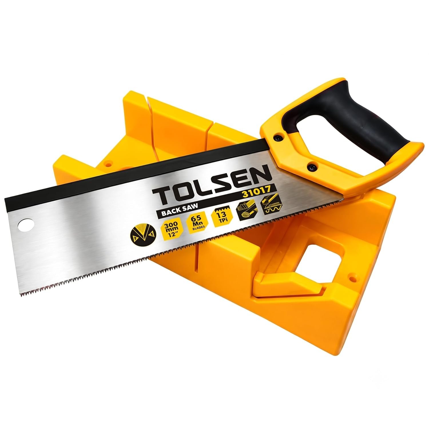 Tolsen Mitre Box and Back Saw Set |12 Inch 300mm Hand Mitre Block with 22.5, 45 and 90 Degree Angle Cut Guides |13 TPI Tenon Saw for Skirting Board | Coving and Picture Frames | Manual DIY Tool