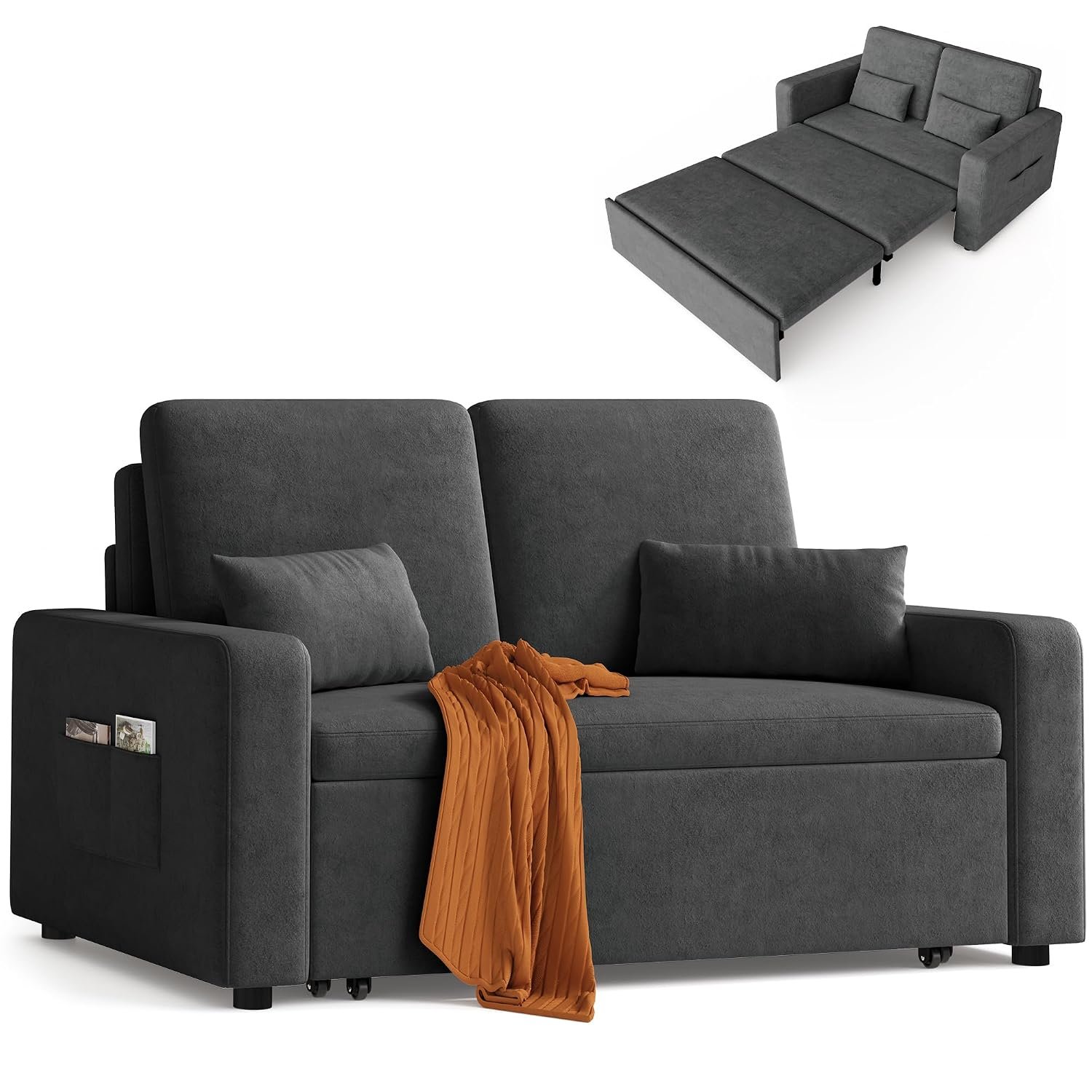 Xbro 2-Seater Sofa Bed, Extendable Sleeper Couch with Pull-Out Function, Modern Velour Fabric for Living Room, Guest Room or Office