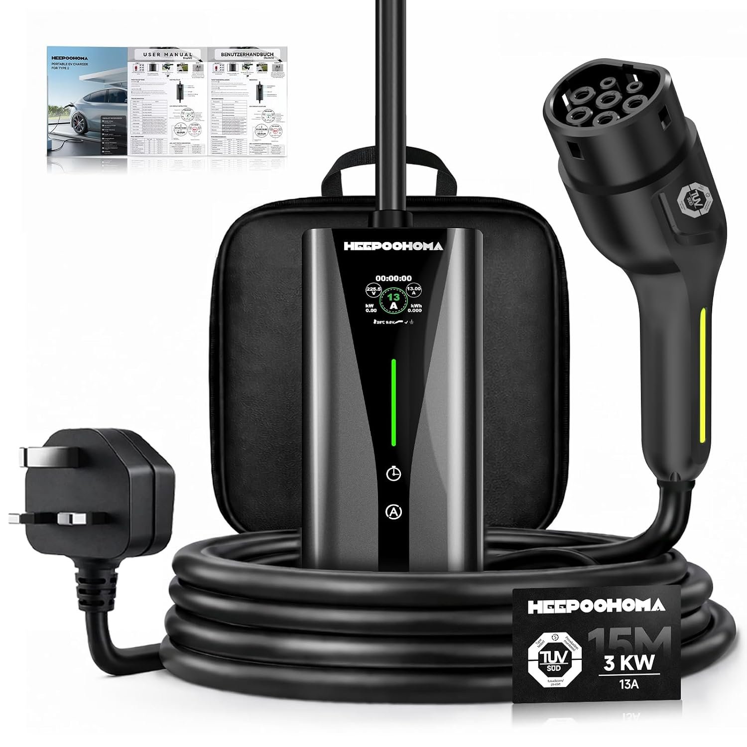 EV Charger 15M, 3 kW 6-13A 3 Pin EV Charger, Portable Electric Car Charger Cable Type 2 to 3 Pin Plug for up to 12H Delayed Start Charging with 2.4″ Screen, IP67 for EVs & PHEV