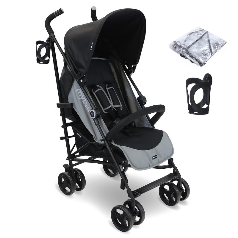 My Babiie MB02 Plus Stroller - from Birth to 4 Years (22kg), Lightweight & Compact Umbrella Fold, Travel Buggy for Toddlers, Pushchair Includes Cup Holder and Rain Cover - Black & Grey