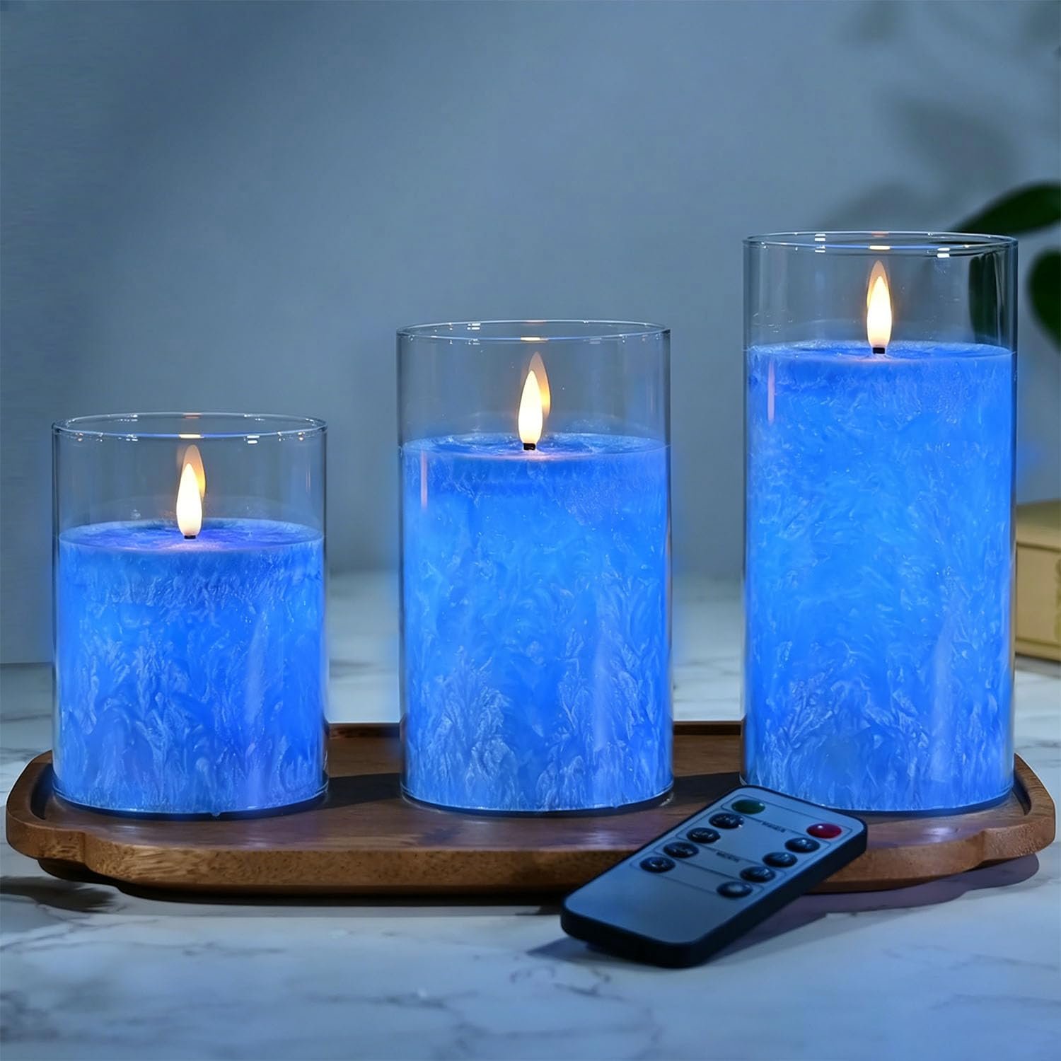 MozkeTo19 Blue Glass Real Wax Flameless Candles Flickering, with Remote & Timer - Fake Candles Flickering Light, Battery Operated LED Pillar Candles