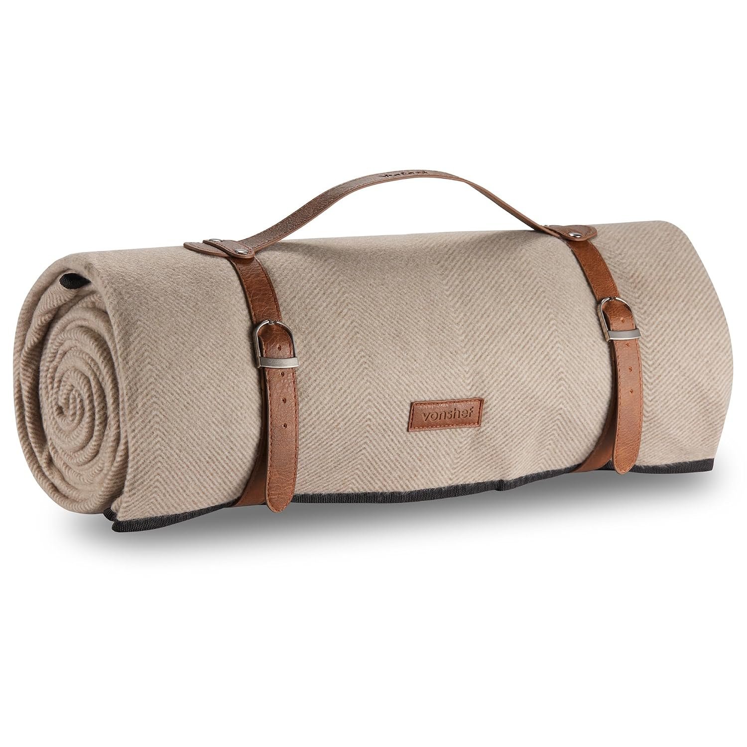 VonShef Picnic Blanket - Beige Herringbone Outdoor Rug with Waterproof Backing - 10 Person Weatherproof Picnic Mat with Faux Leather Handle - Travel Blanket Camping Accessories - 200x300cm