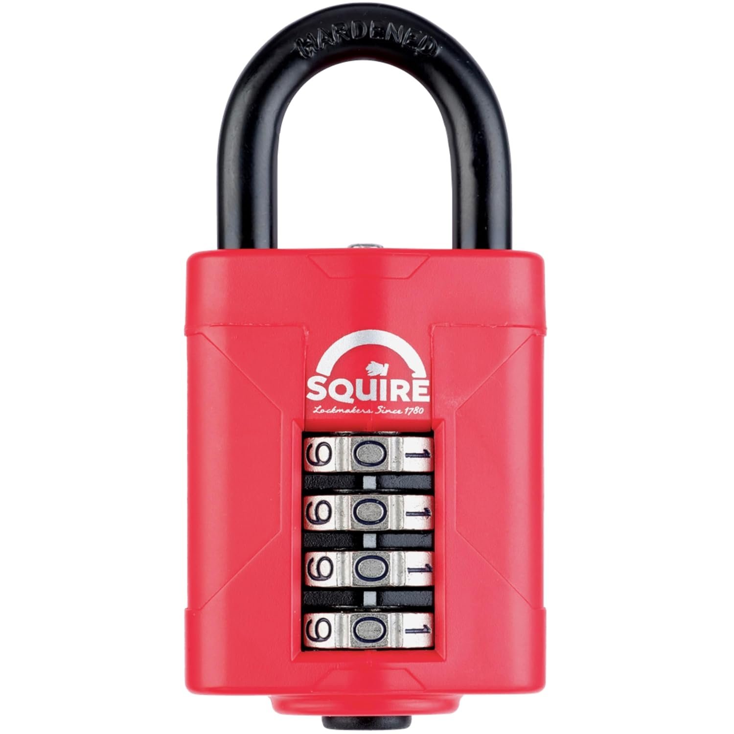 Squire Heavy Duty Padlock (CP50RED) - Toughest Steel Shackle - 4 Wheel 50mm Wide Combination Padlock (Red) - Alloy Steel for Corrosion Resistance - Weatherproof Lock for Home, School & Garage
