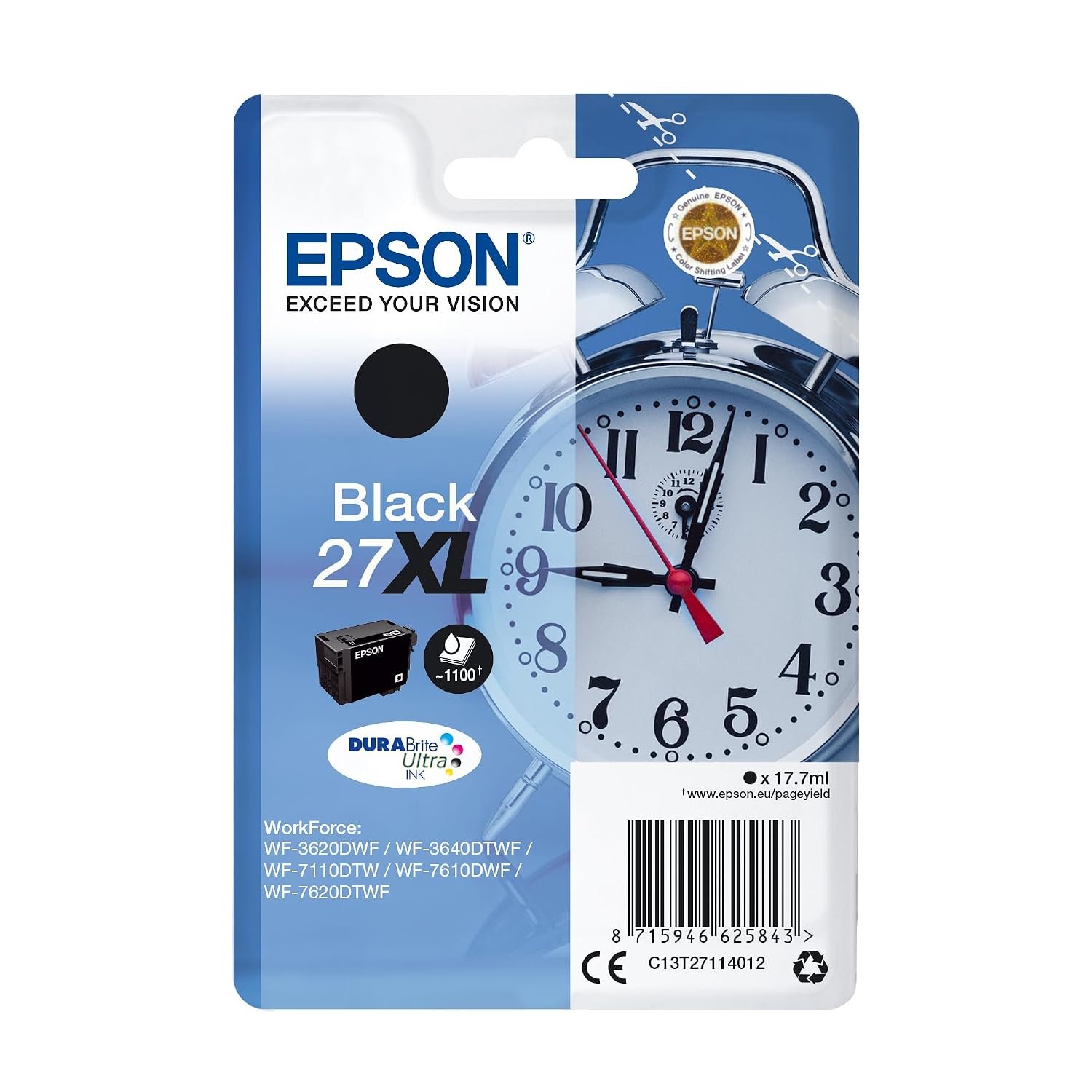Epson 27 Alarm Clock High Yield Genuine, DuraBrite Ultra Ink Cartridge, Black, XL