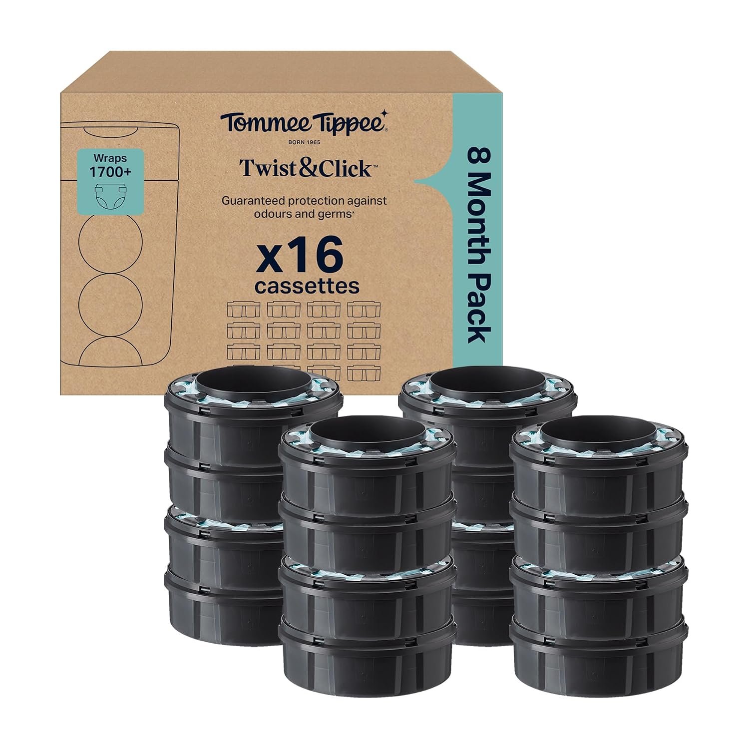 Tommee Tippee Twist and Click Advanced Nappy Bin Original Refill Cassettes, Exclusive Pack of 16, each 10.5 metres, for Easy refill and Great value, 16 X 10.5m (pack may vary)