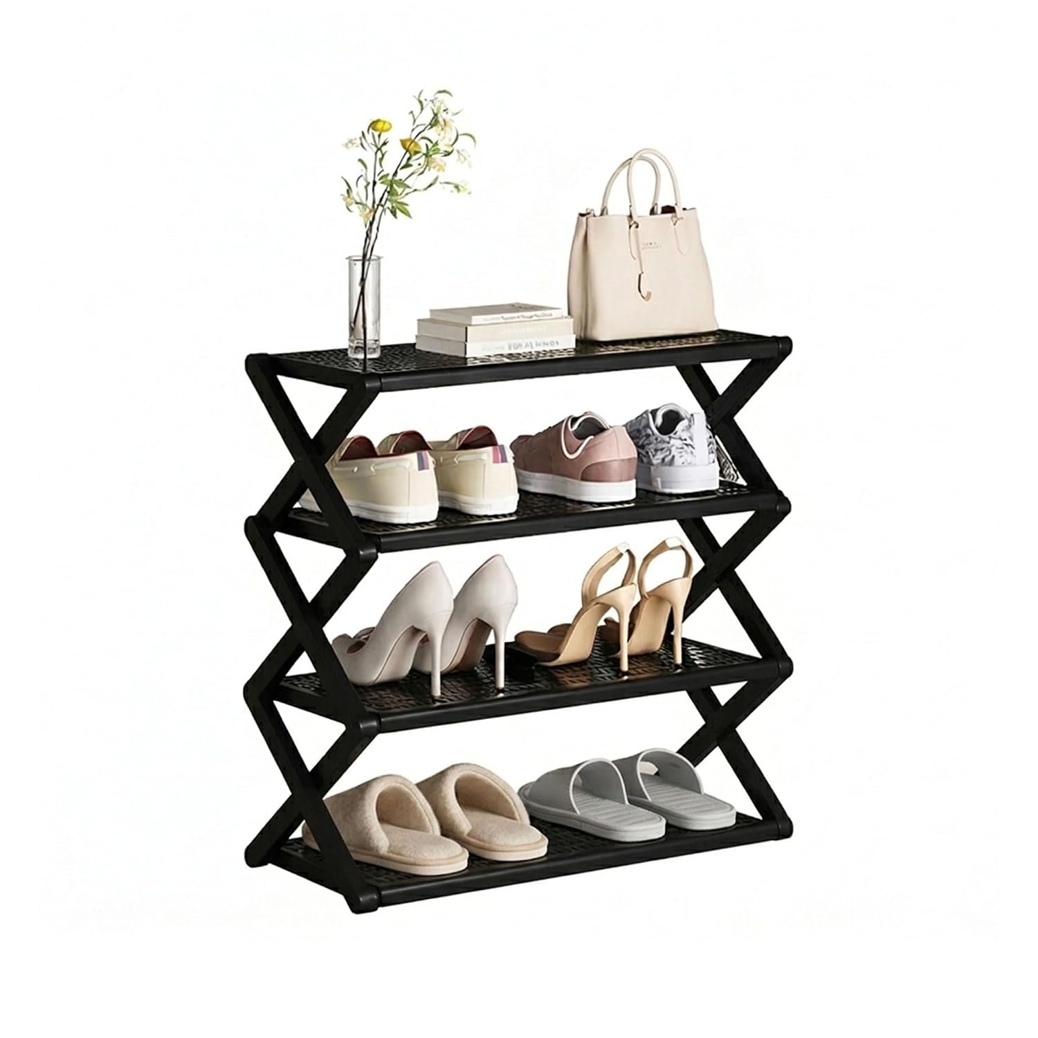 Yinghesheng Foldable Shoe Rack, 4 Tier Folding Small Shoe Racks, Space Saving Shoe Storage Rack, Tool-Free Assembly, Versatile Metal Storage Organiser Rack for Bedroom,Bathroom,(43W x 58H cm)