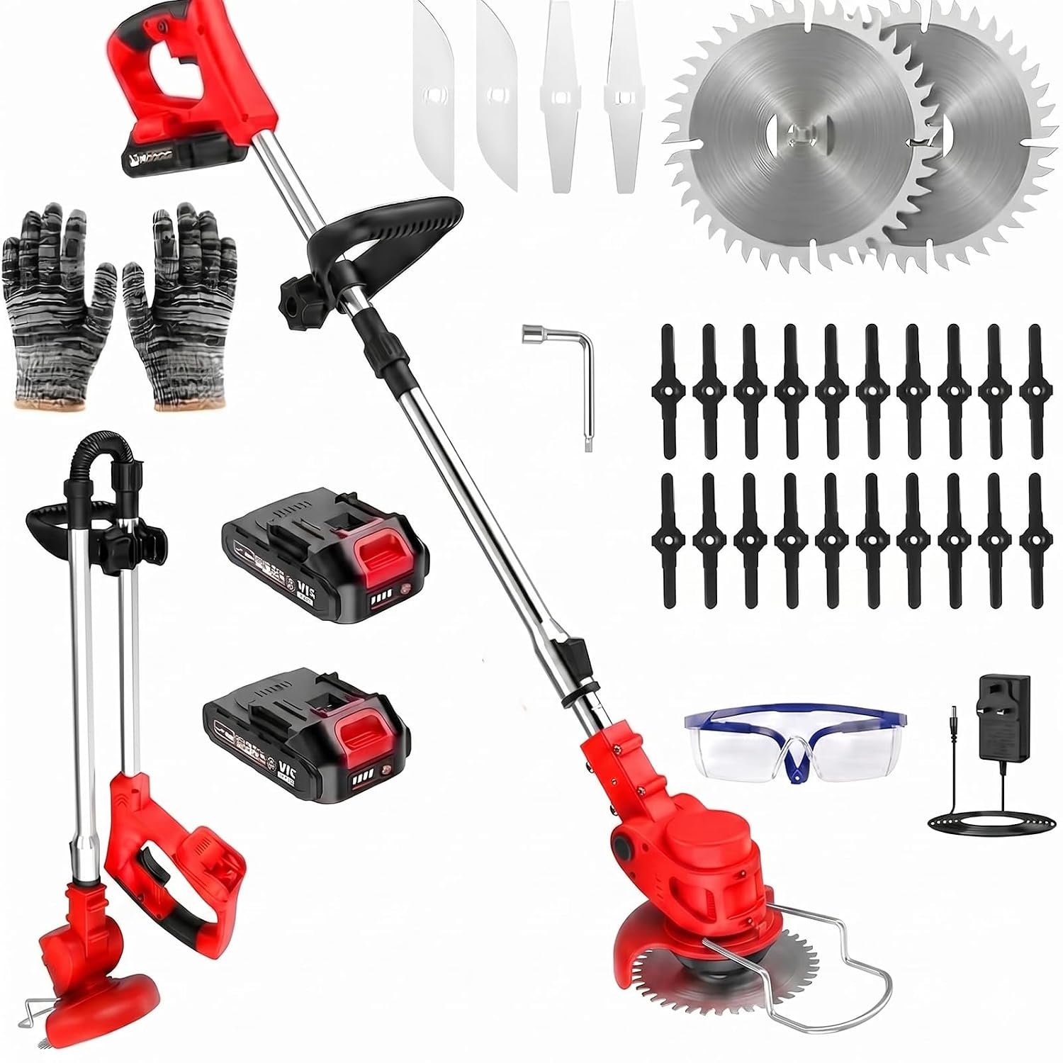 21V Cordless Strimmer, 750W Grass Trimmer with 2 x 2000mAh Batteries and Charger, Battery Strimmer with 26 Blades, Lightweight Foldable Garden Strimmer for Lawn Edging and Weed Cutting - Blaze Red
