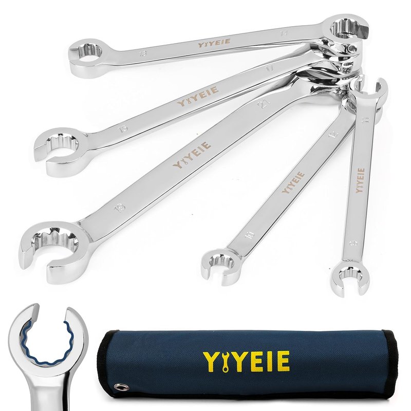 YIYEIE Brake Pipe Spanner Set 5-Pc, 10 Size | 9, 10, 11, 12, 13, 14, 15, 17, 19, 21mm | Flare Nut Spanner | CR-V Steel with Laser Scale | Double End Open Ring Spanner for Brake Line, Hydraulic