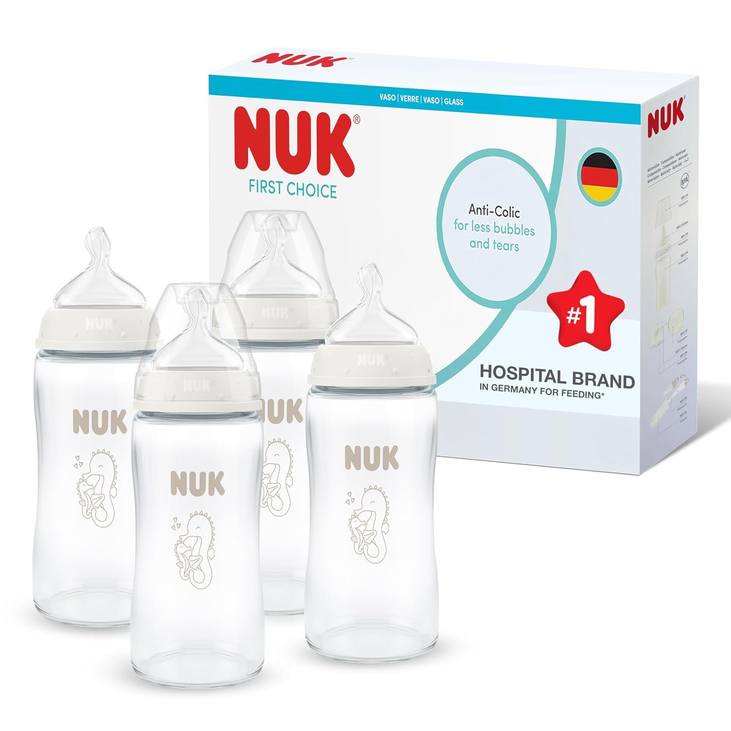 NUK First Choice Baby Bottles | 3+ Months | 240ml | Anti Colic Feeding Bottle | Glass | Temperature Control Indicator | Seahorse | 4 Count