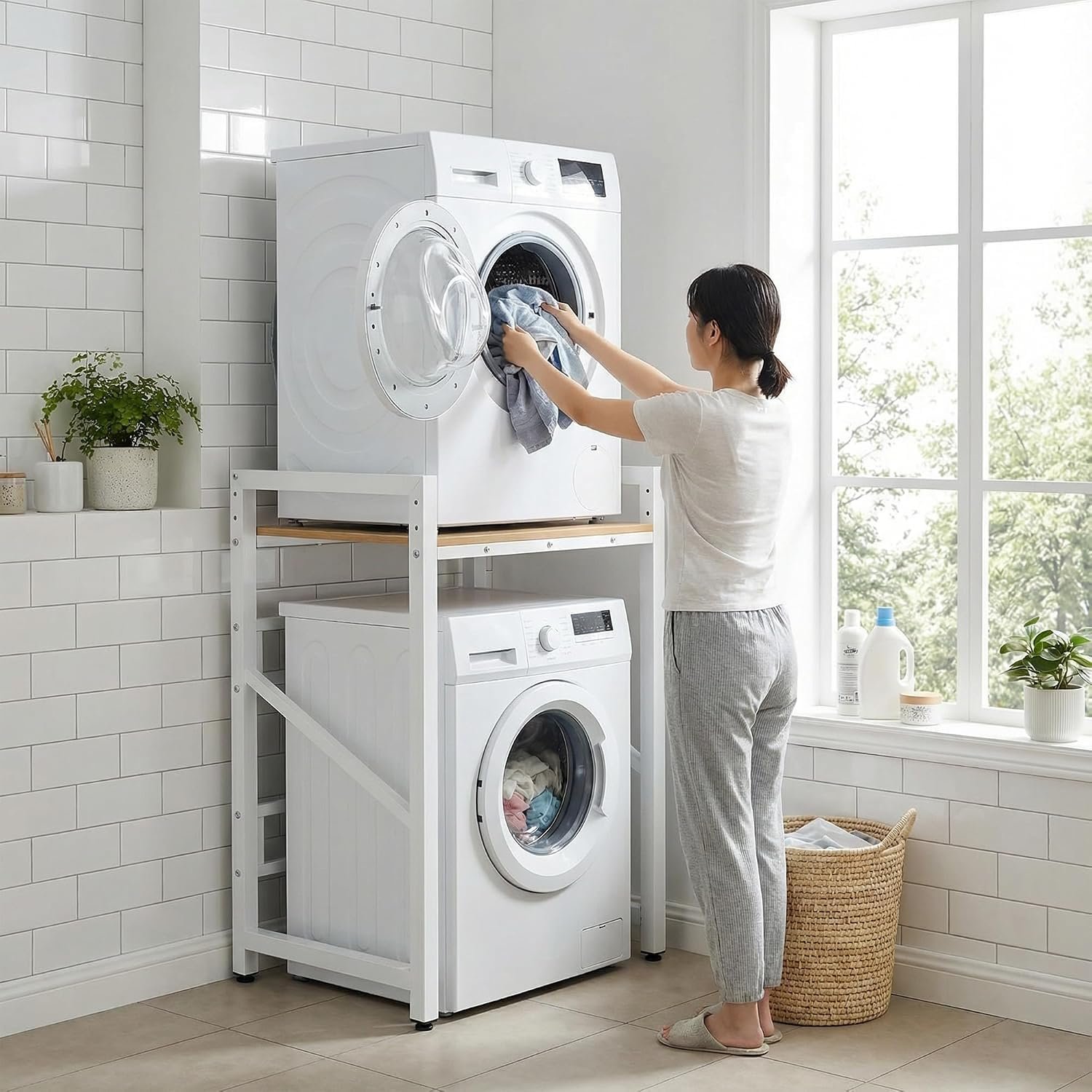 lesolar Washer Dryer Stand Stacking Kits,Height-Adjustable Washing Machine Storage Unit,Stacking Rack for Tumble Dryers 300KG Load Capacity,Space Saving Laundry Storage Unit