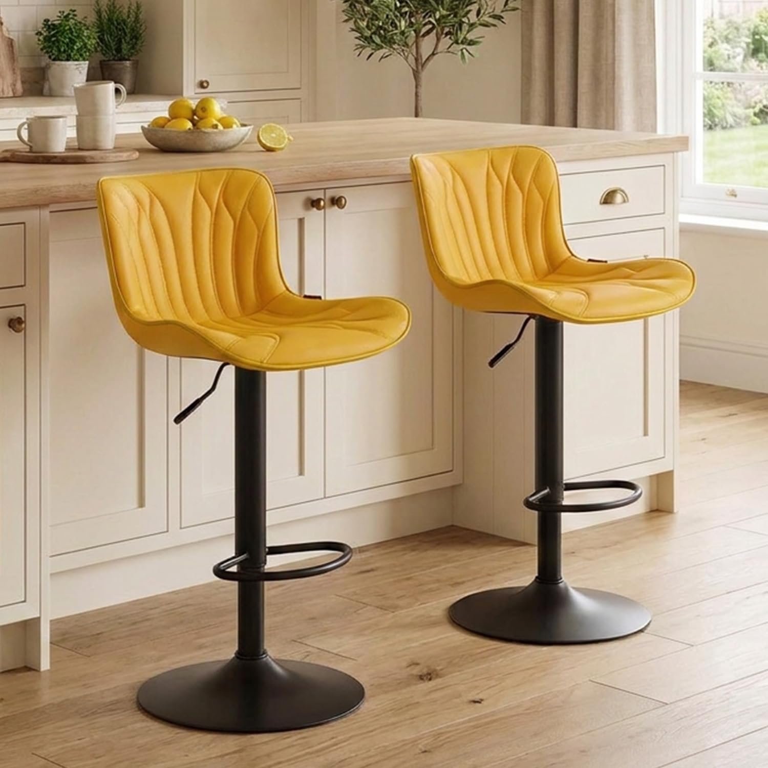Kidol & Shellder Bar Stools Set of 2 Breakfast Barstools Adjustable Swivel Faux Leather Wing Back Counter Stools, Yellow, 3-5 Mins to Assemble, Loads 300lbs