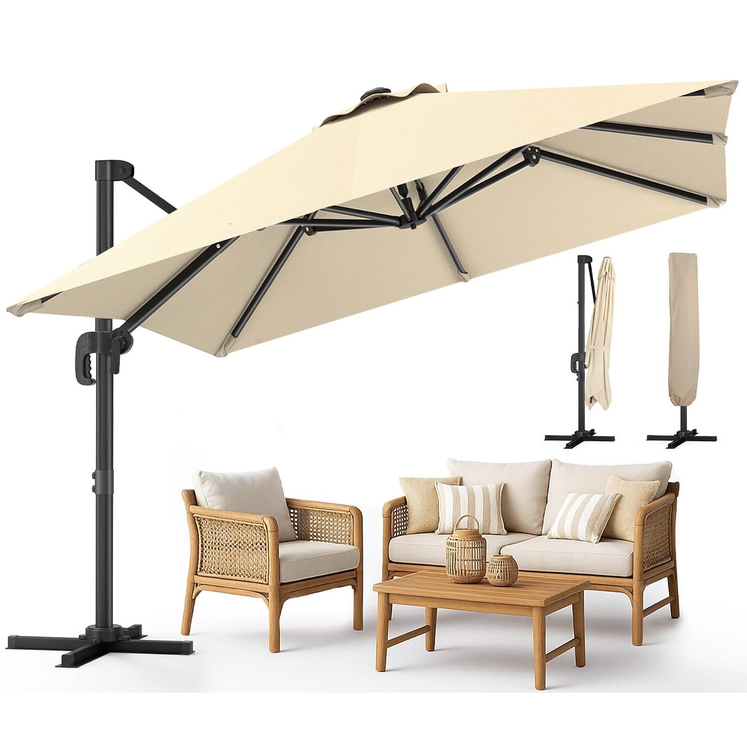 VOUNOT® 3x3m Cantilever Parasol with 360° Rotation & Tilt, Square Garden Umbrella with Crank, UV & Water-Resistant Canopy, Cover Included, Beige