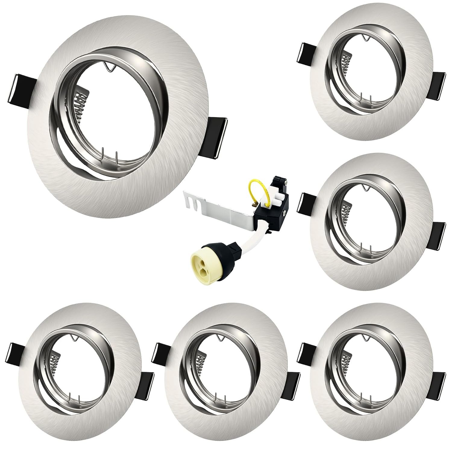 Allesgute 6X Recessed Ceiling Spotlights Round GU10 Downlight Fittings Brushed Chrome 360° Tilt Spotlight Fitting with Lampholders 240V, Cutout: Ø68-85mm, No Bulbs