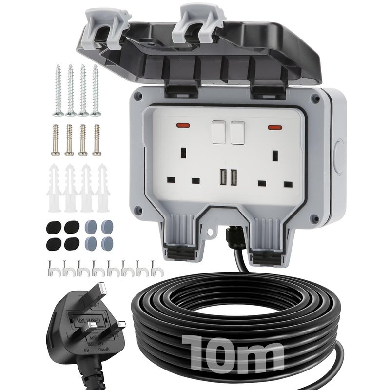 Olutula Outdoor Socket 10m Extension Lead 2 USB Ports Outdoor Double Socket Waterproof IP66 13Amp Weatherproof Outdoor Sockets Switch Indicator Light Wall Electrical Outlet Socket Box for Garden