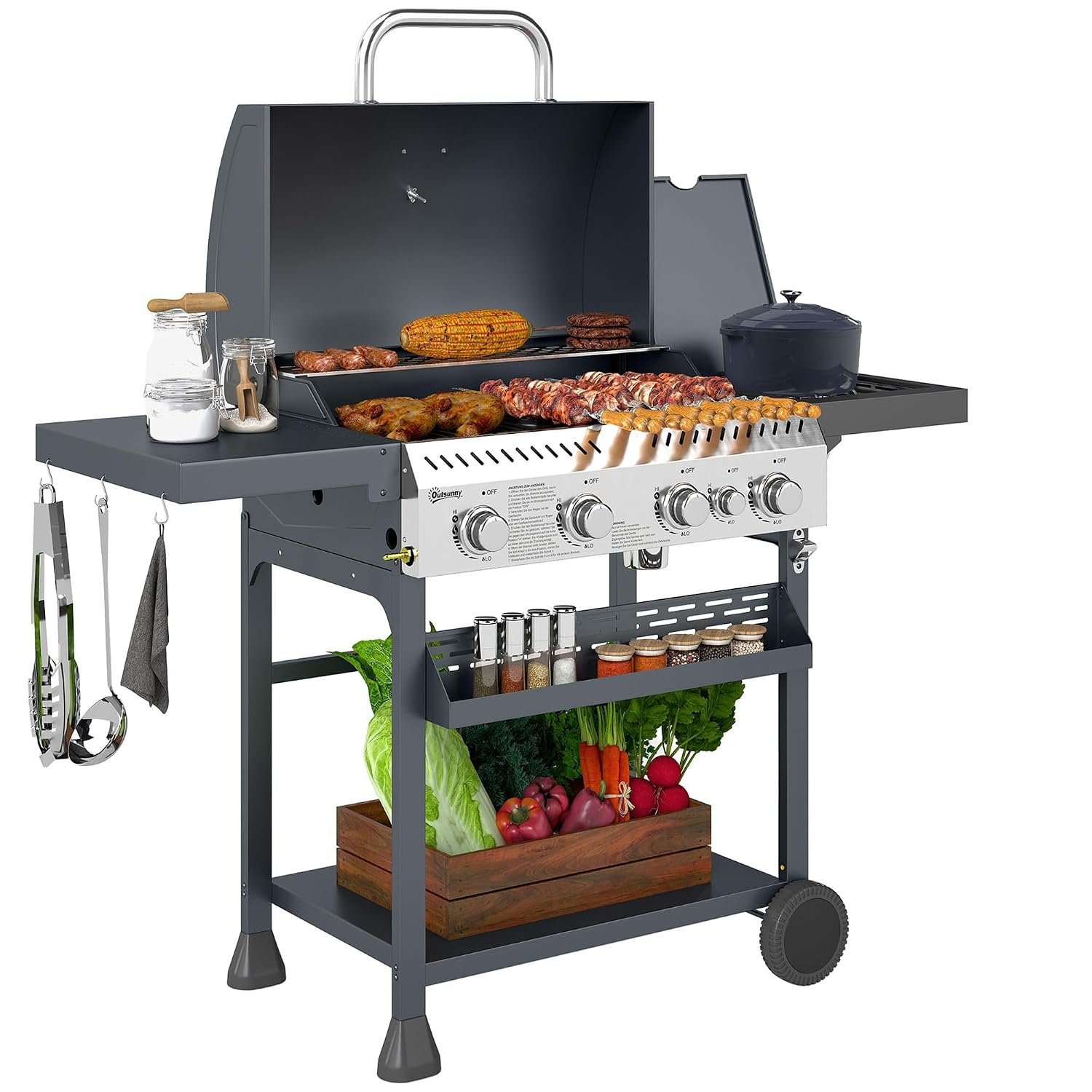 Outsunny 4+1 Gas Burner Grill, 12.5 kW Propane Gas Barbecue BBQ Grill with Wheels, Warming Rack, Shelves, Thermometer, Bottle Opener, Black