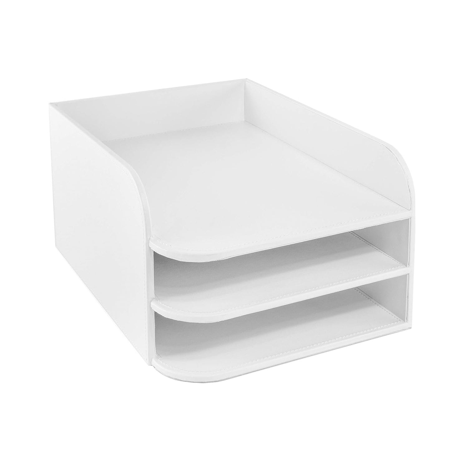 OSCO White Faux Leather Three Tier Designer Letter Tray, A4 Desk File Organiser, Paper Storage, Office Document Sorter, Paperwork Filing, No Assembly Required, Elegant Desktop Tidy