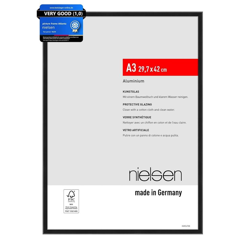 nielsen Atlanta Aluminium Picture Frame - Frosted Black A3, 29.7x42cm - with Synthetic Glass and Push-Turn Clips