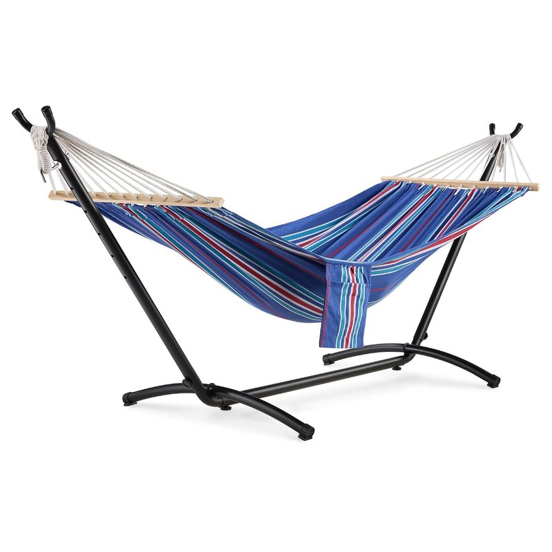 VonHaus Hammock with Stand - Freestanding 1 Person Striped Hammock Seat with Steel Frame - Polycotton Material & Adjustable Frame for Garden - Travel Bag for Beach, Camping & Outdoors - Blue Stripe