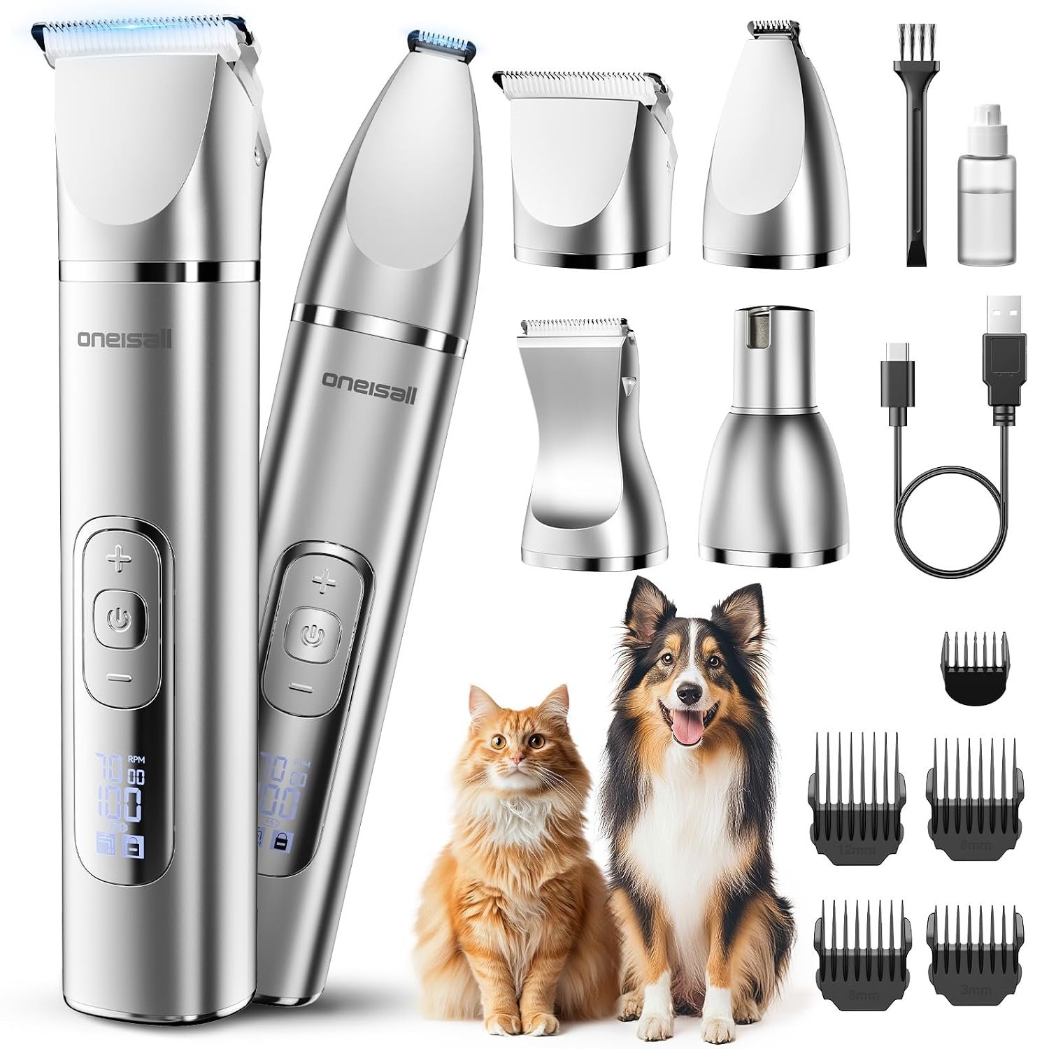 oneisall Low Noise 4 in 1 Dog Clippers Grooming Kit, 3 Speed Cordless Pet Trimmer with LED Display, IPX7 Waterproof Paw Trimmer&Nail Grinder for Dogs and Cats