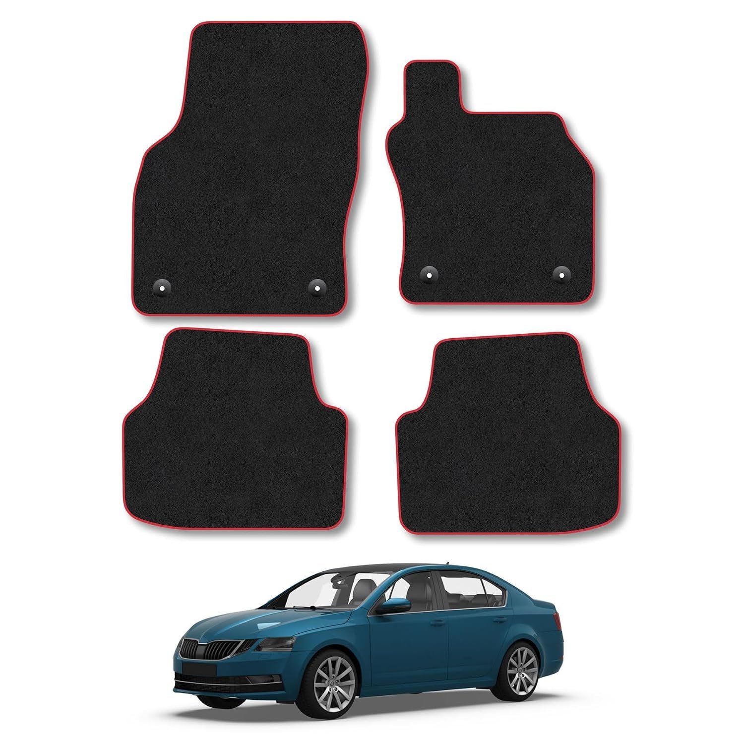 Skoda Octavia (2013-2020) Car Mats Accessories Tailored Fit Carpet Floor Mats Non Slip Red Trim Accessory Compatible Front Rear Set Anti Slip Backing Custom Fit Hand-Finished Full Coverage Clips
