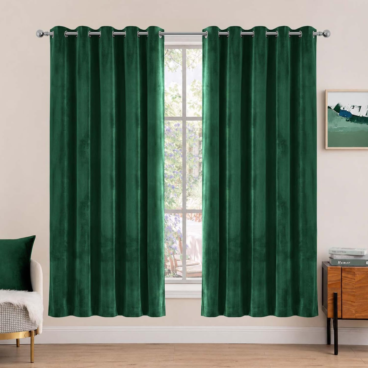 Hafaa Emerald Green Blackout Curtains for Bedroom – 66” wide x 72” drop Crushed Velvet Thermal Insulated Curtains for Living Room – Eyelet Room Darkening Curtains with 2 Tie Backs (168cm x 183cm)