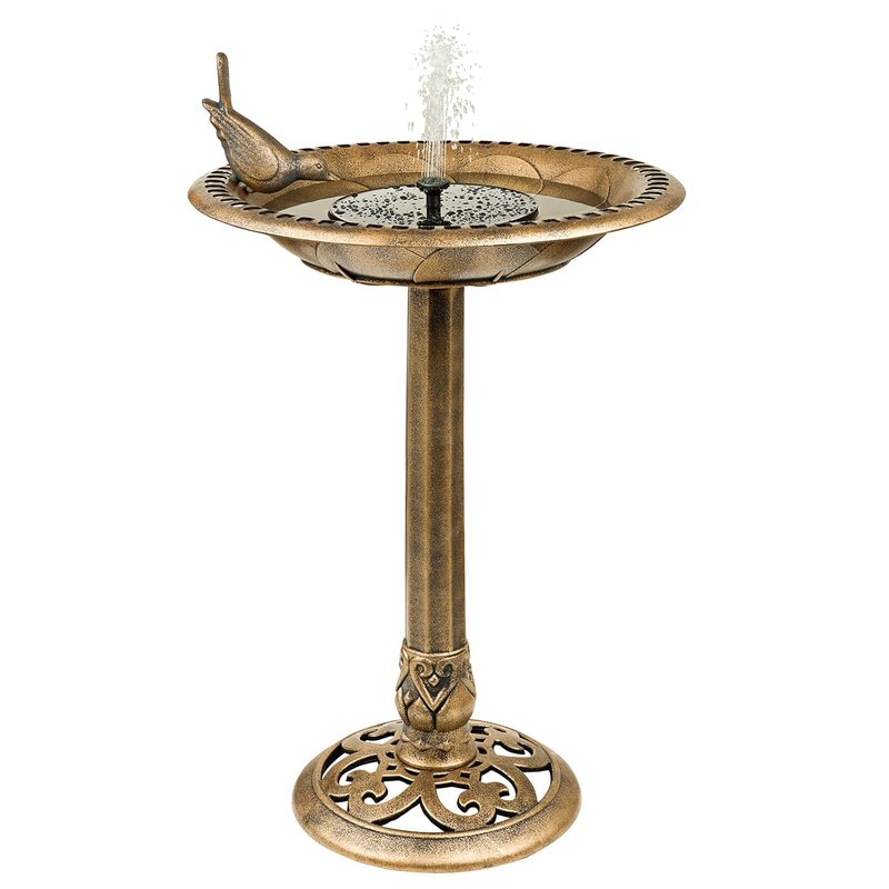 SA Products Solar Bird Bath - Drinking Water Bowl with Sun-Powered Fountain for Garden Birds - Decorative Standing Outdoor Bird Bath Dish in a Rustic Bronze Finish for Lawn, Backyard, Aviary - 80x50cm