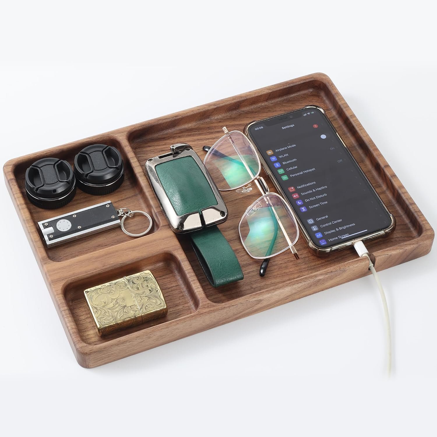 Walnut Wood Valet Tray with Charging Slot - Bedside, Nightstand & Desk Organizer for Keys, Wallet, Watch & Jewelry – Catchall Tray