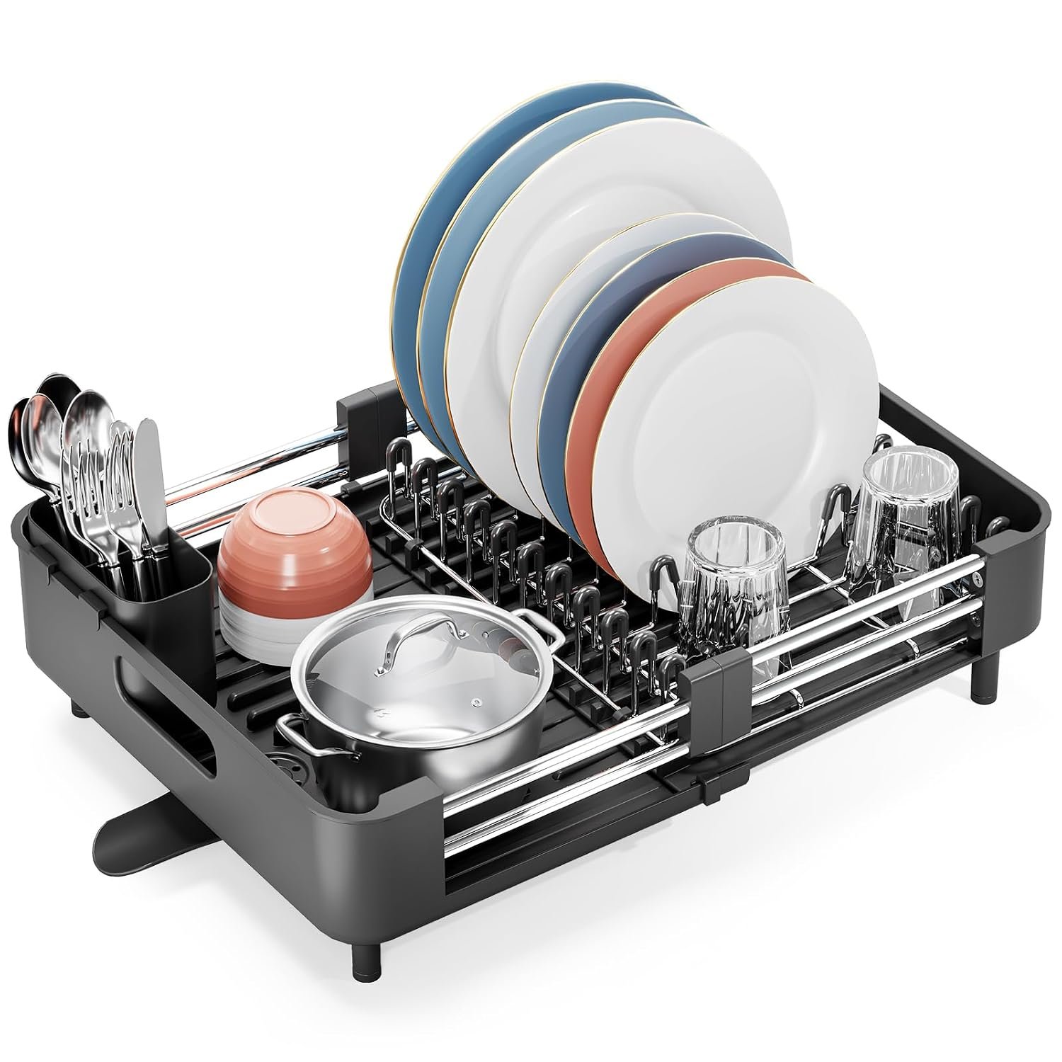 KINGRACK Dish Drainer Rack - Extendable Dish Rack, Stainless Steel Dish Drainer for Kitchen Counter, Draining Board Rack with Removable Cutlery Holder, Black