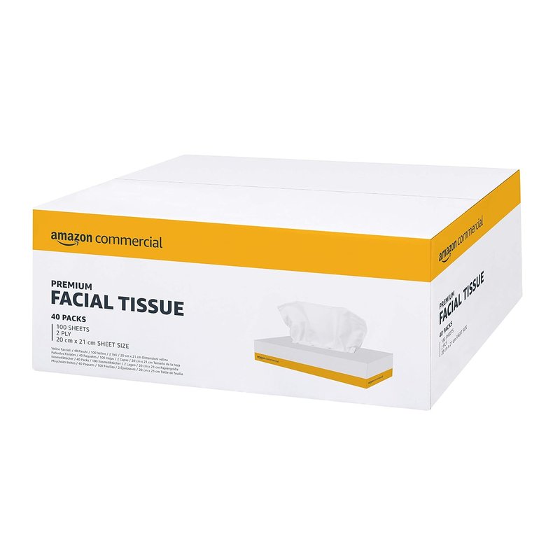 AmazonCommercial Facial Tissues, 2-ply Premium, 4000 Sheets (40 packs of 100), Sheet Size: 20 cm x 21 cm