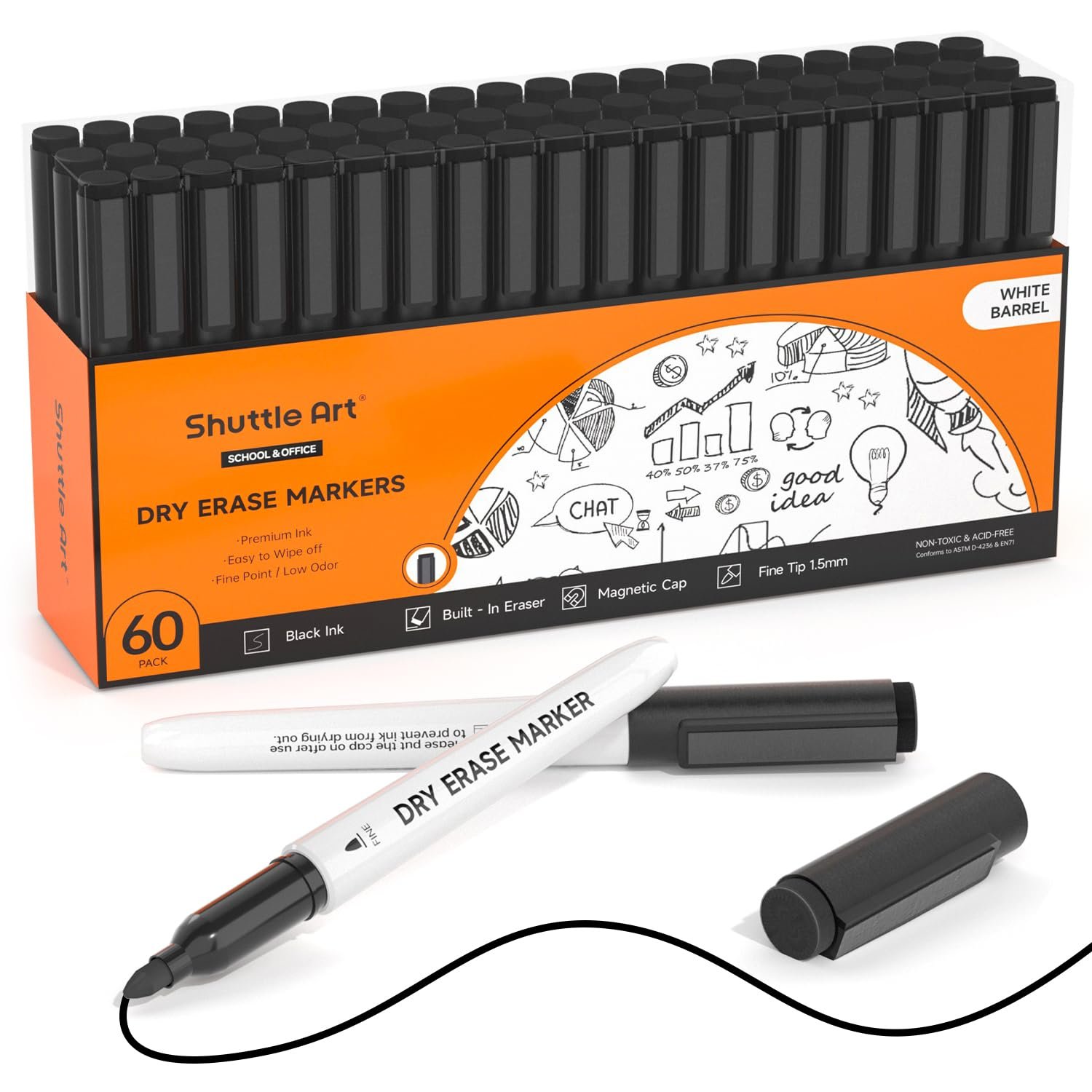 Shuttle Art Black Whiteboard Markers, 60 Pack Magnetic Whiteboard Pens Fine Tip and Eraser, Dry Wipe White Board Pens for Kids Writing on Whiteboards, Weekly Planner, Glass for School Office Home