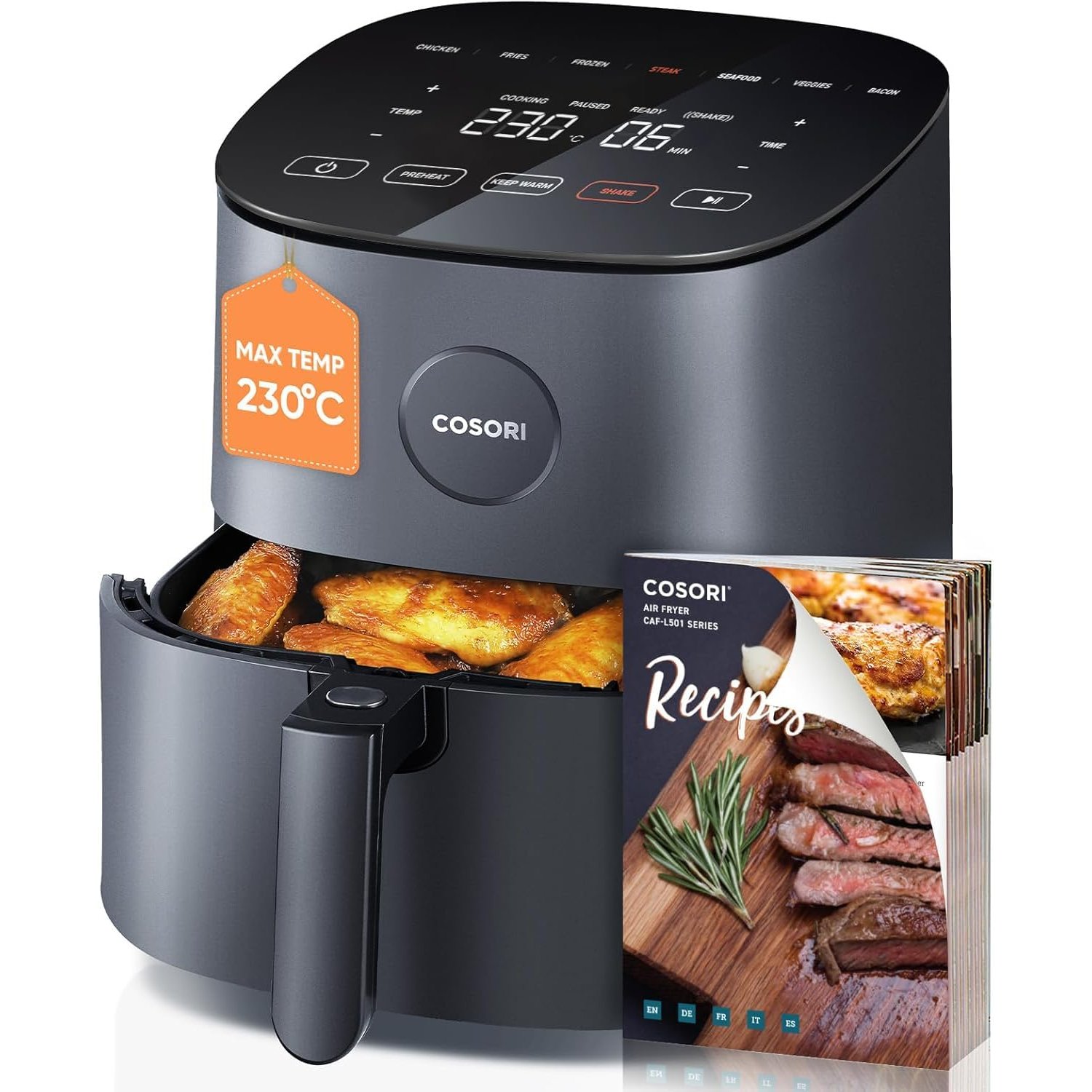 COSORI Air Fryer 4.7L, 9-in-1 Compact Air Fryers Oven, 130+ Recipes(Cookbook & Online), Max 230℃ Setting, Digital Tempered Glass Display, Quiet, 4 Portions, Non-Stick, Dishwasher Safe, 1500W