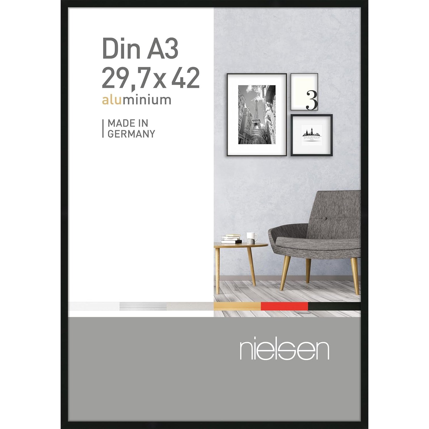 nielsen Pixel Aluminium Picture Frame - Frosted Black A3, 29.7x42cm - with Float Glass and Easy Push-Turn Clips