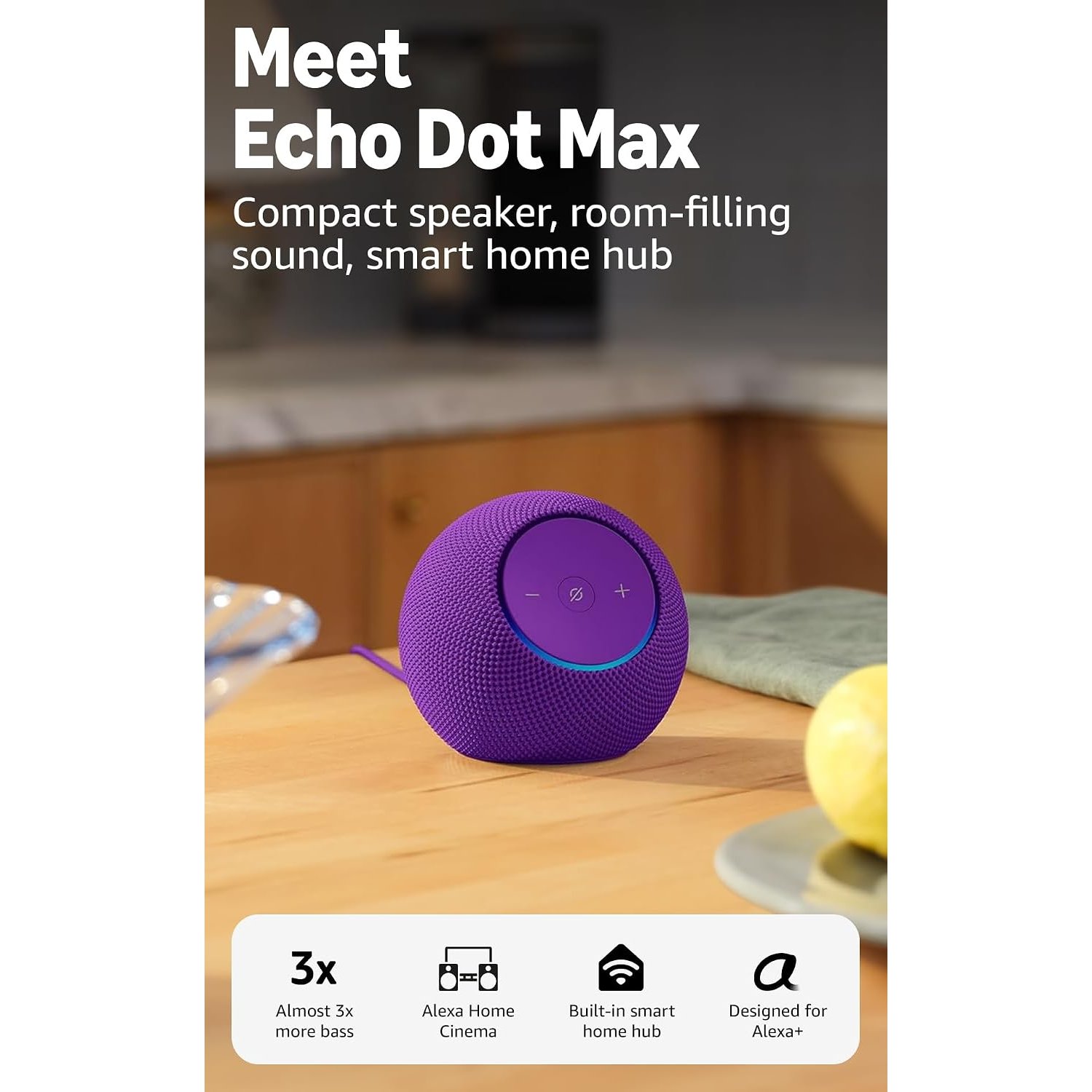 Amazon Echo Dot Max (newest gen), Bluetooth speaker with room-filling sound and built-in smart home hub, Amethyst, with Alexa+ Early Access
