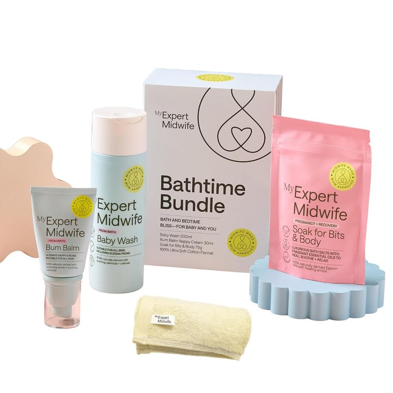 My Expert Midwife Mum & Baby Bathtime Bundle, Including No Harm Baby Bottom Balm 30ml, Gentle Cleansing Wash 200ml & Soak for Bits Premium Bath Salts 75g