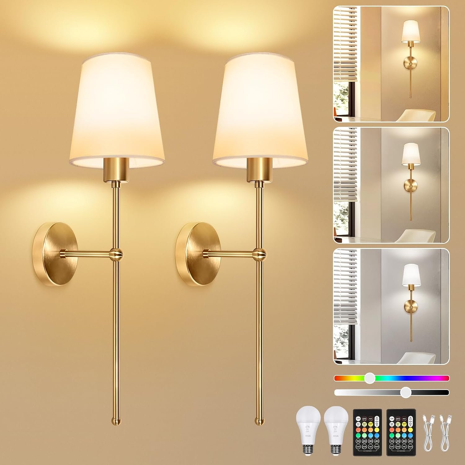 Dehobo Rechargeable Wall Sconces Set of 2, Battery-Operated Wall Lights Indoor, Dimmable Wireless Lamp with 3 Color TEM, 12 RGB Charging Bulbs and Remote, Gold for Bedroom Living Room Hallway