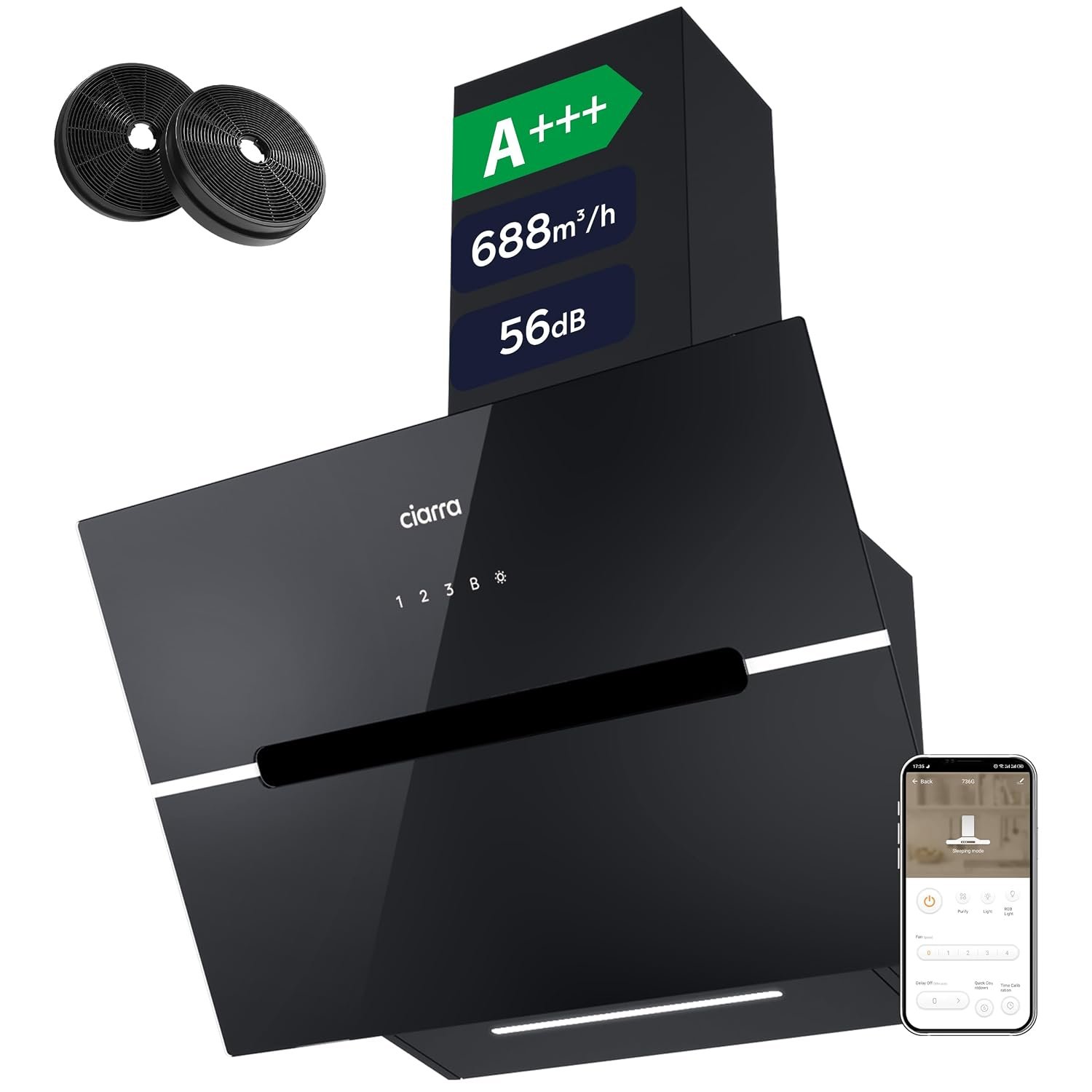 CIARRA Black Angled Cooker Hood 60cm WIFI APP Touch Control A+++ CBCB6736F