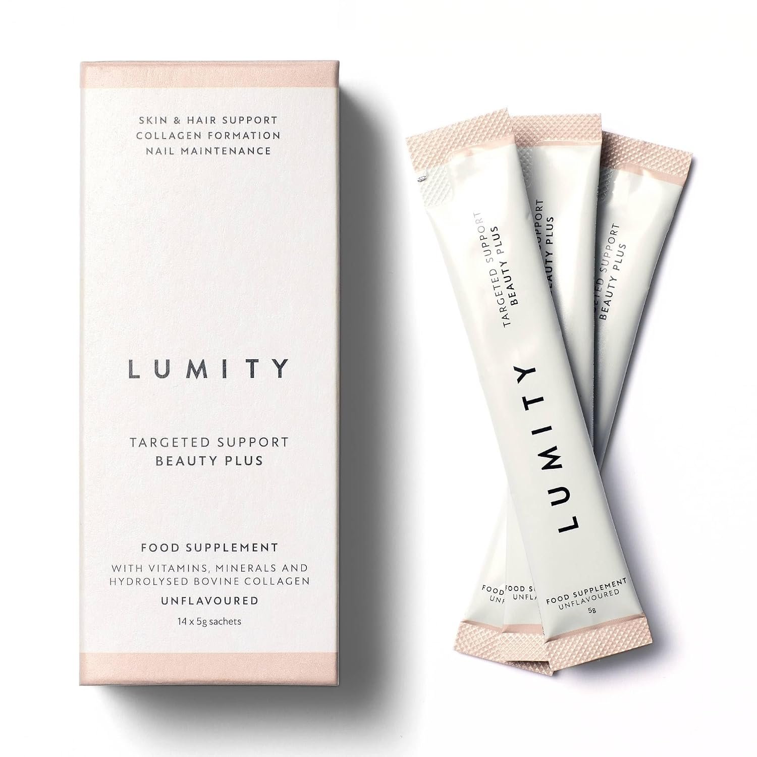 Lumity Beauty Plus - Hair Skin and Nails Vitamins for Women & Men, Collagen Supplements Enhanced with Copper, Vitamin C and Zinc & Selenium - Biotin Hair Growth, Womens Vitamins (14 x 5g Sachets)