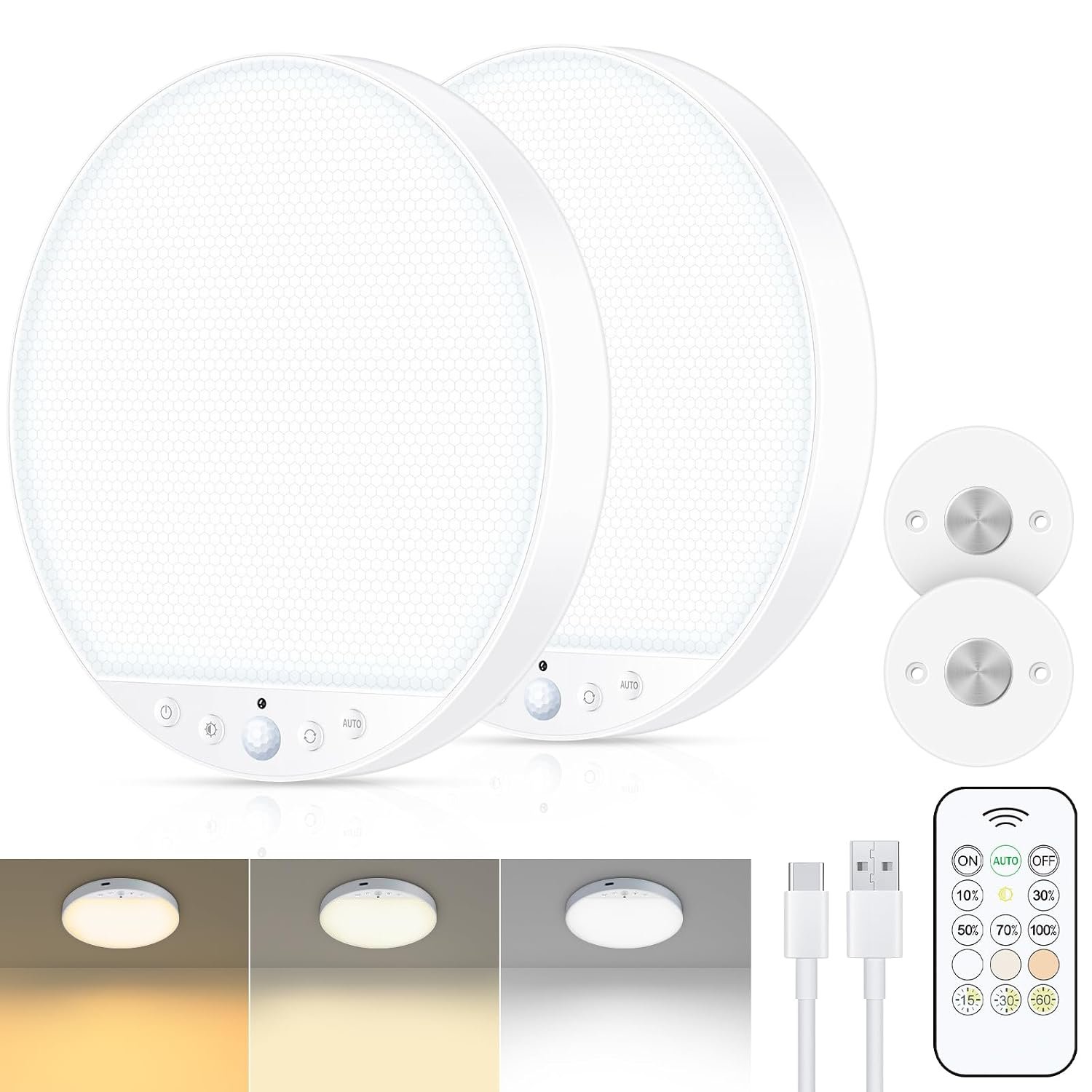 Rechargeable 6W Motion Sensor Ceiling Light Indoor, No Wiring & Magnetic Stick-On, Remote Control for Color & Brightness, Battery Operated Light for Shower, Closet, Bathroom, Pantry, Hallway, 2-Pack
