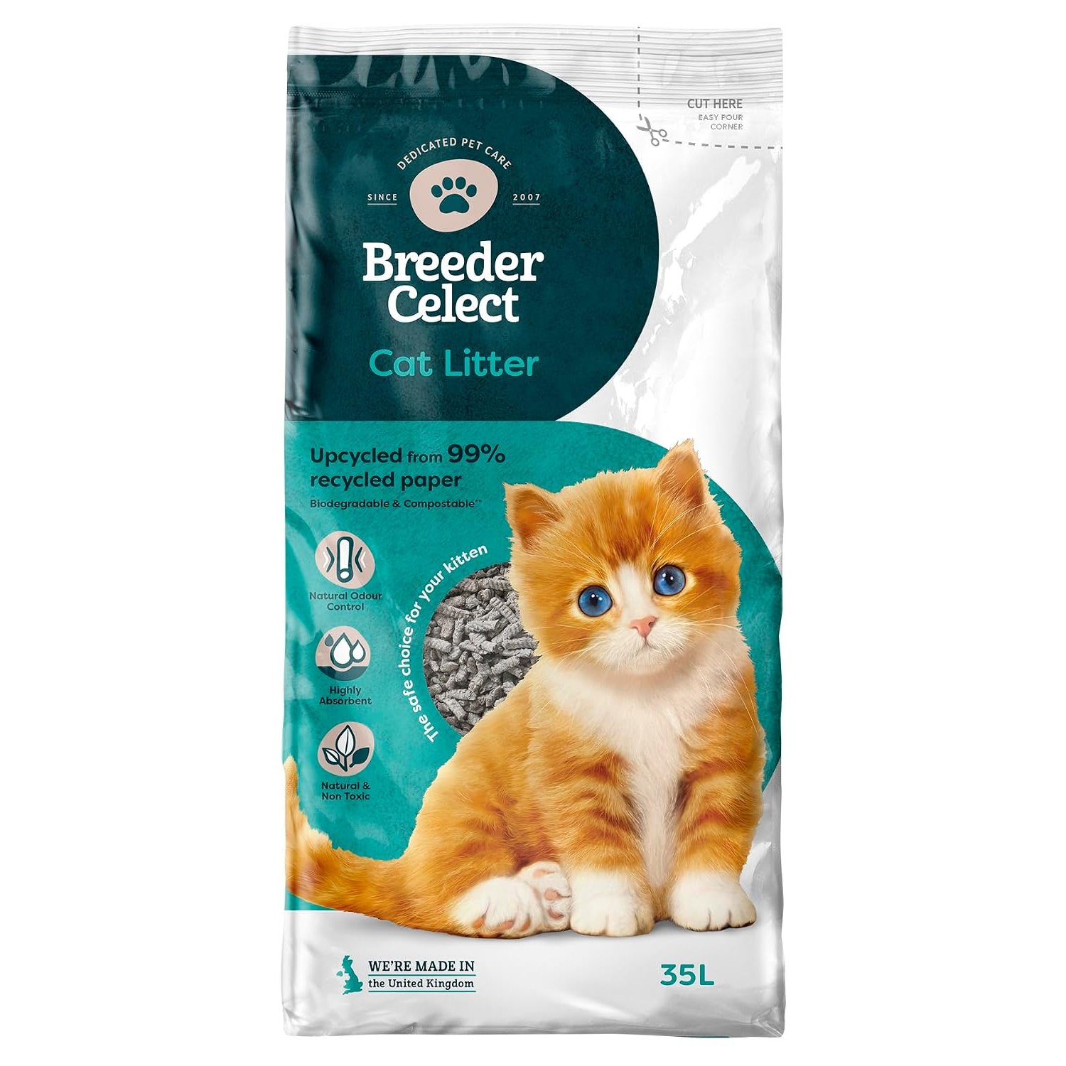 Breeder Celect All-Natural Cat Litter (35L) – 99% Recycled Paper, Highly Absorbent Kitten Cat Litter/Bedding, Excellent Odour Control, Non-Clumping, Biodegradable & Compostable
