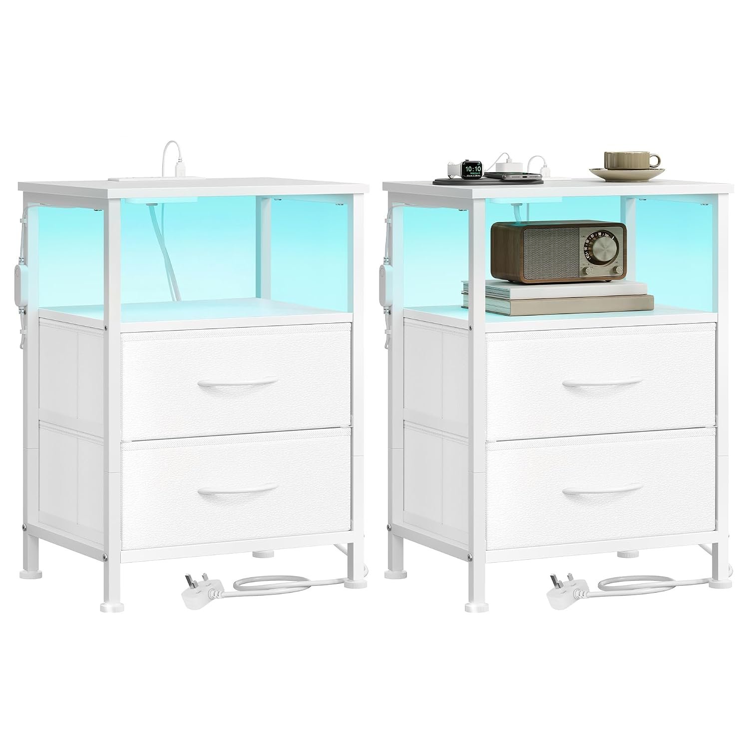 SONGMICS BELLAH Collection - Bedside Table with Charging Station, Side End Table with App-Controlled Adjustable LED Lights, Modern, 1 Shelf, 2 Drawers, Set of 2, Cloud White LGS202W103