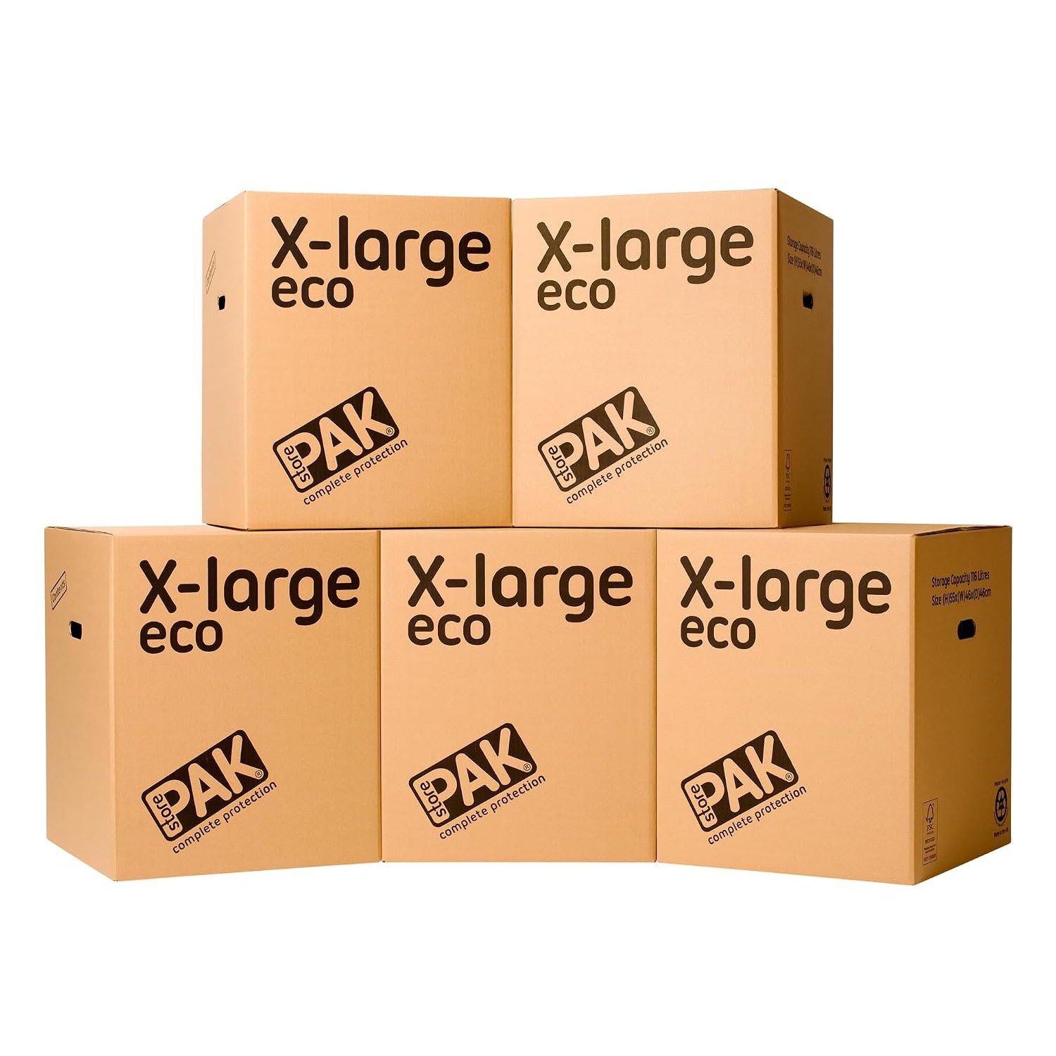 StorePAK Eco Boxes with Carry Handles - Suitable for Storage, Shipping, Packing & Moving House - 116 Litres - H 55cm x W 46cm x D 46cm - 100% Recycled & Recyclable - X-Large Pack of 5