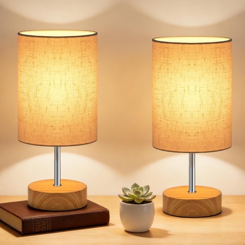 HUGCHG Touch Control Table Lamp, Dimmable Touch Control Bedside Lamp Small Table Lamp with Wood Grain Base & Linen Fabric Shade for Bedroom,Living Room,Children's Room,Bulb Included, 2 Pack