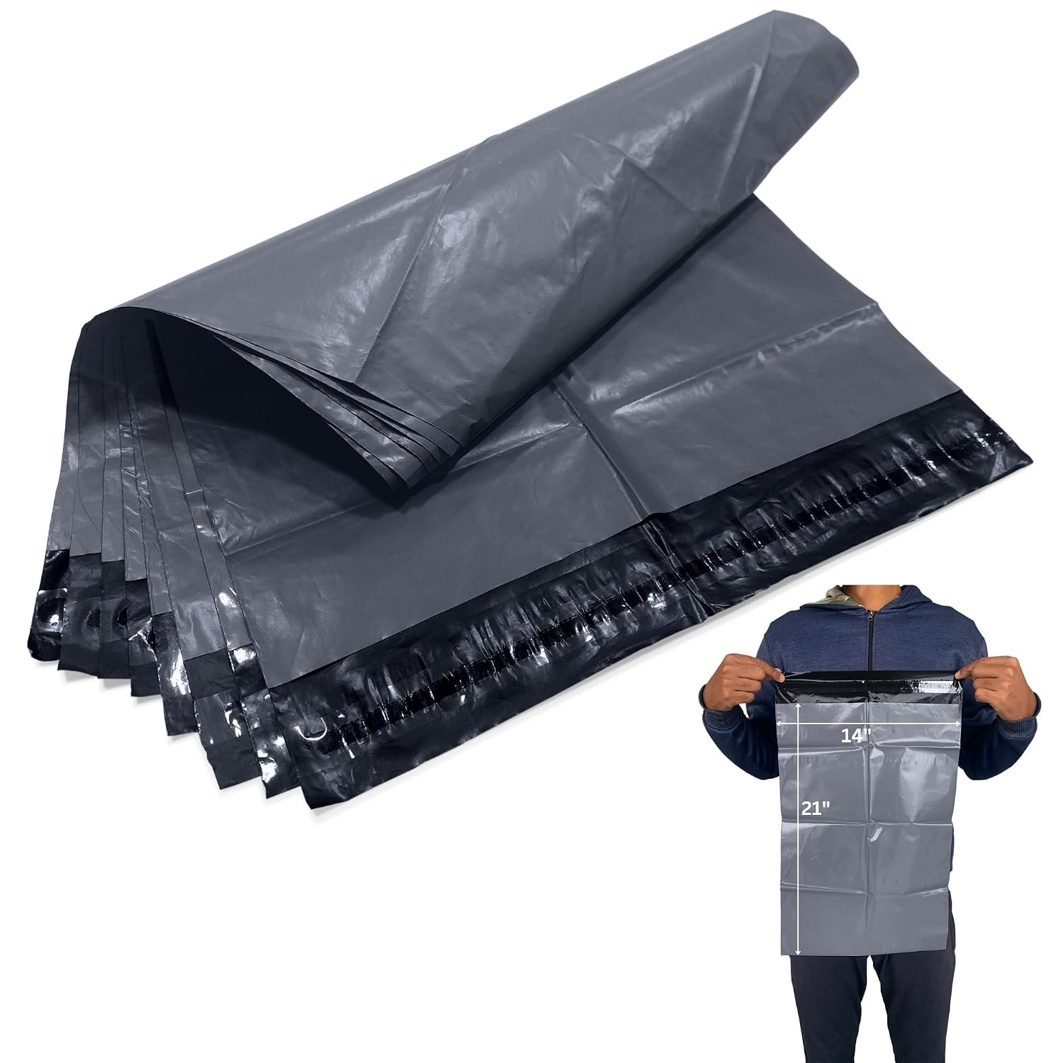 JeeJaan® 1000 Large Grey Parcel Bags 14" x 21" - (356 x 533mm) Strong Polythene Self Adhesive Waterproof Postage Bags | Envelope Courier Shipping Postal Bags