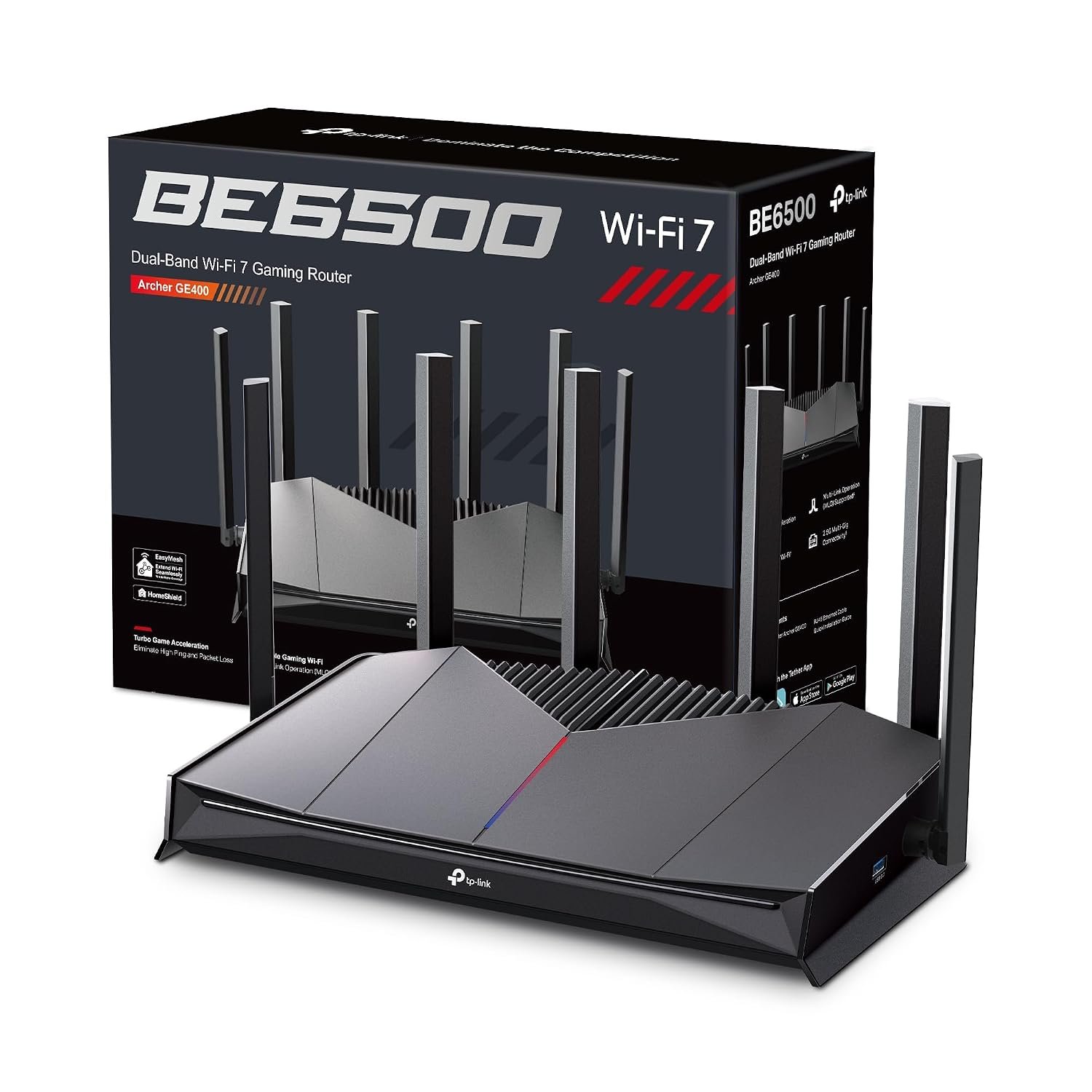TP-Link Archer GE400 Dual-Band WiFi 7 Gaming Router,BE6500 EasyMesh WiFi Router with 6 Antennas,AI Seamless Extender Booster with 4K-QAM/MLO,Game Acceleration,Full Gigabit Ports,VPN Encryption