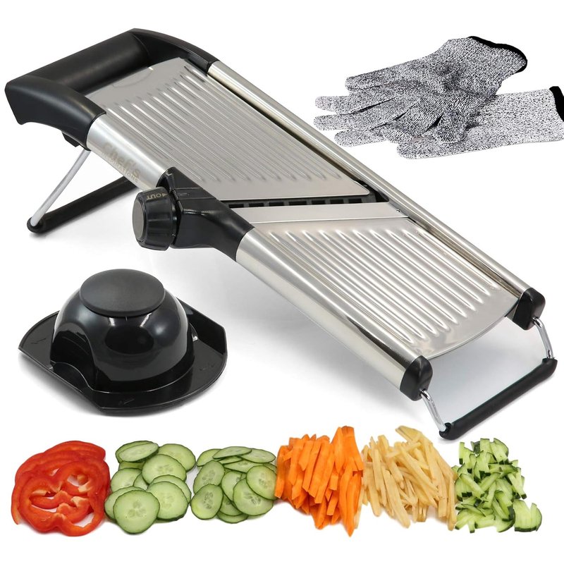 Adjustable Mandoline Vegetable Slicer by Chef's INSPIRATIONS. Best for Slicing Food, Fruit and Vegetables. Mandolin Slicer Julienne Cutter. Cut Proof Gloves. Stainless Steel